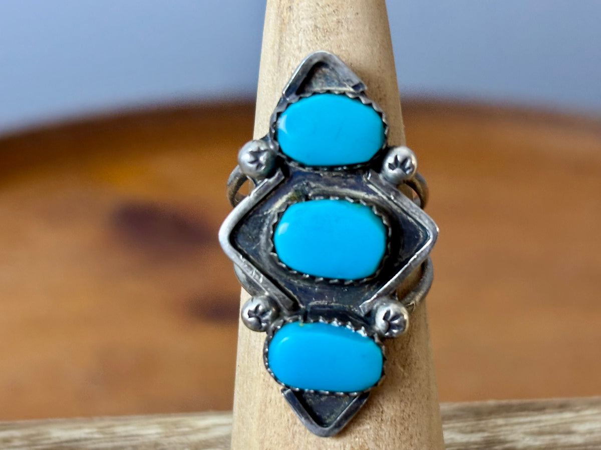 Vintage Sterling Silver Three Stone Turquoise Ring Signed MB. Size 7