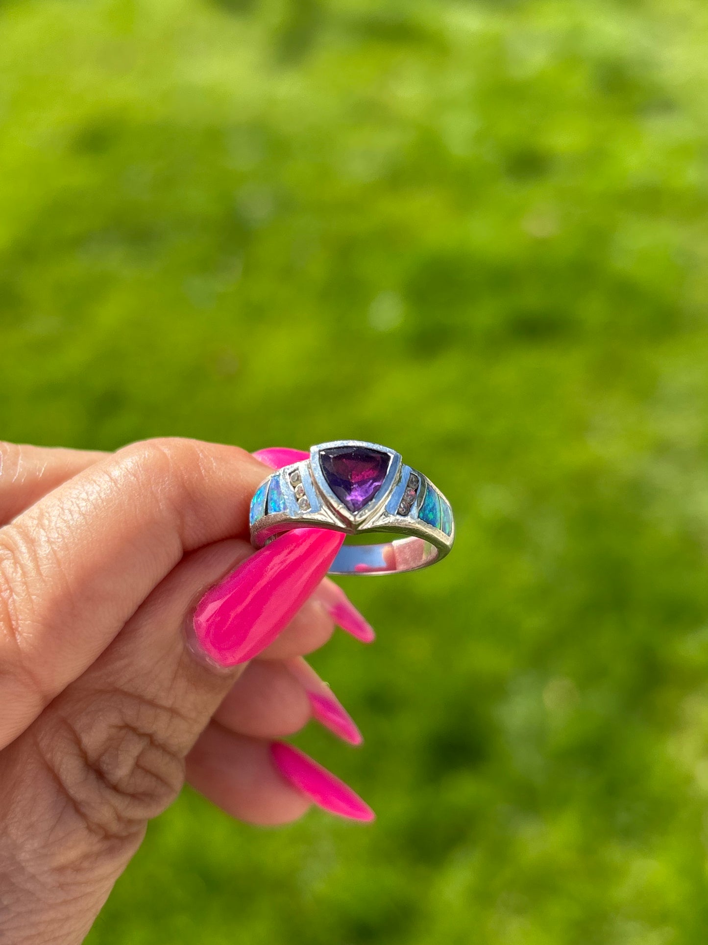 Vintage Atasay Sterling Silver Amethyst & Lab Opal Ring – Size 7
