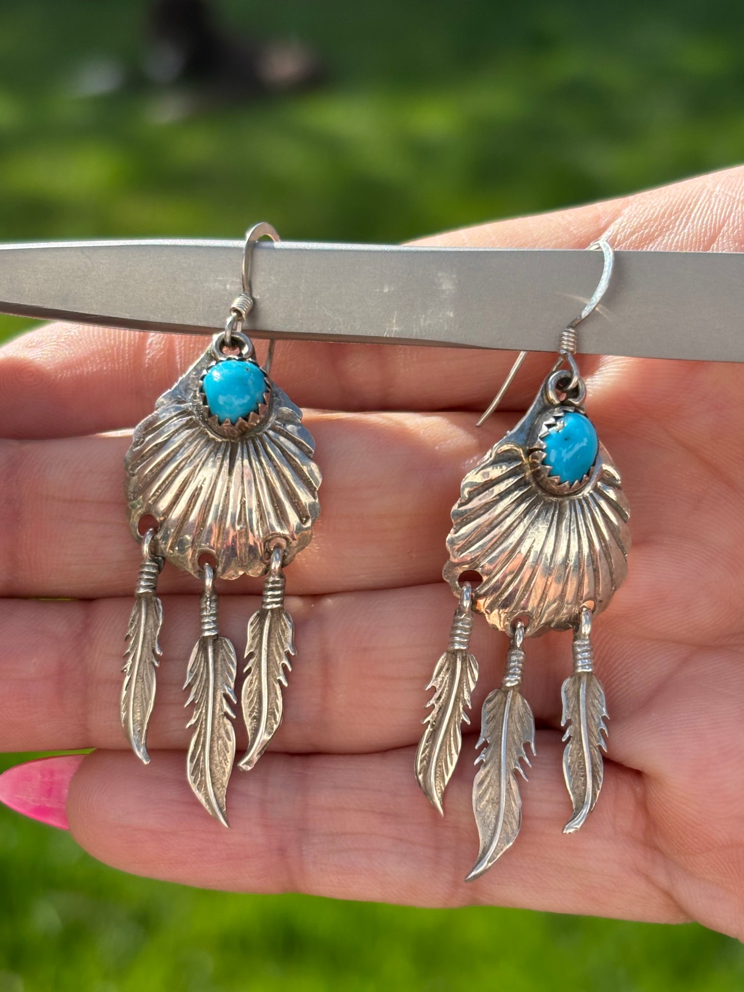 Sterling Silver Turquoise Feather Dangle Earrings