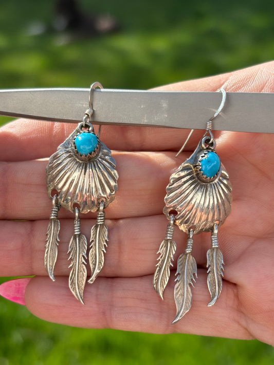 Sterling Silver Turquoise Feather Dangle Earrings