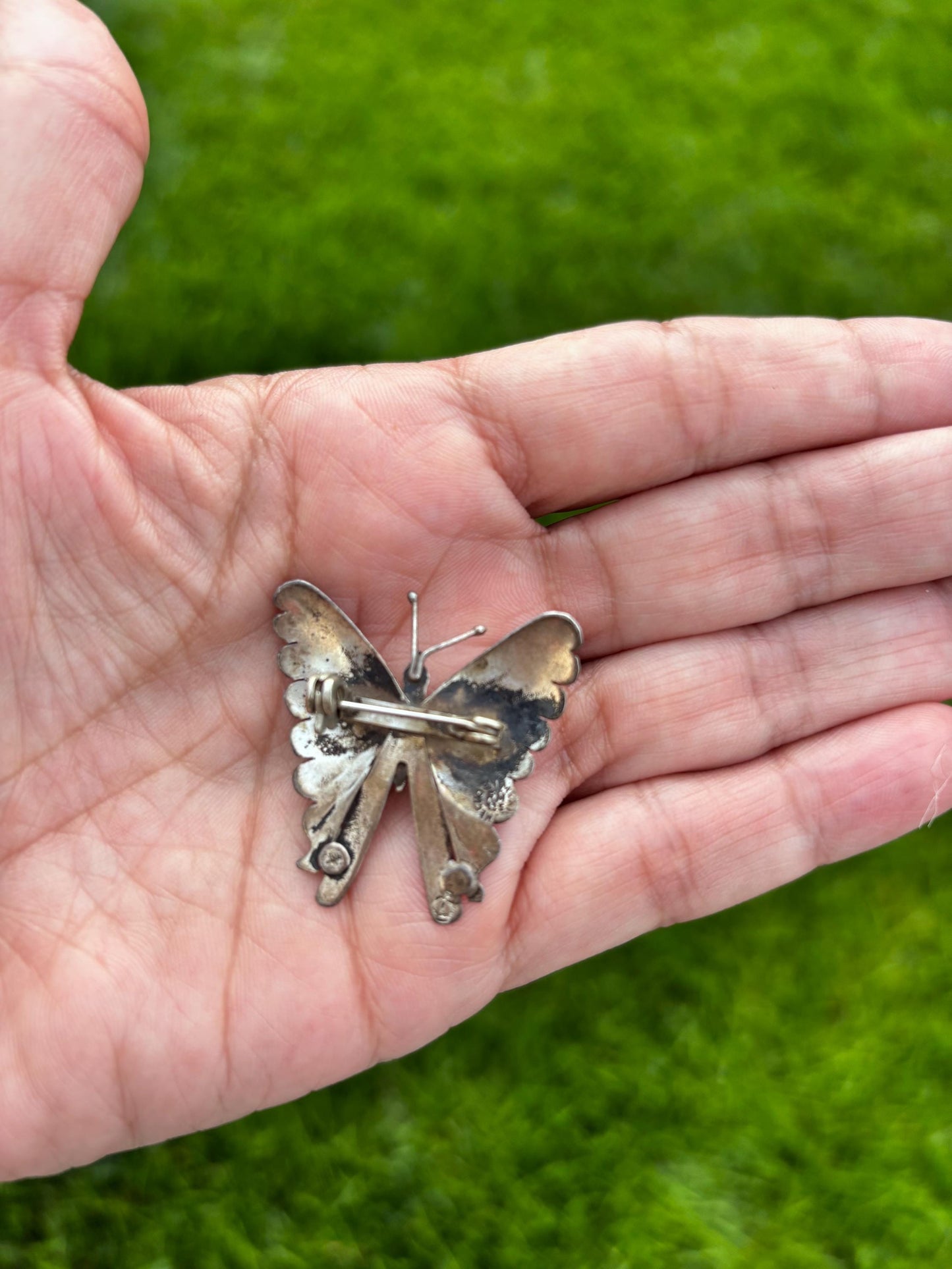 Vintage Mexican Sterling Silver Butterfly Brooch with Turquoise – Stamped FM, 1950s