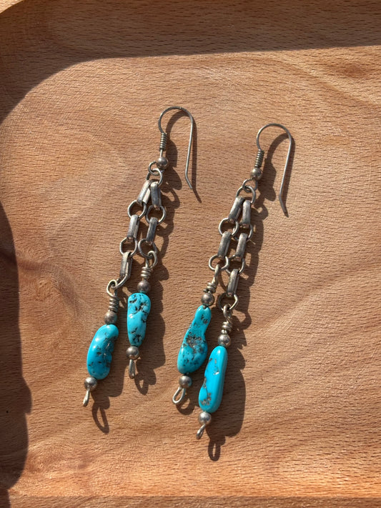 Vintage Handmade Sterling Silver and Turquoise Dangle Earrings