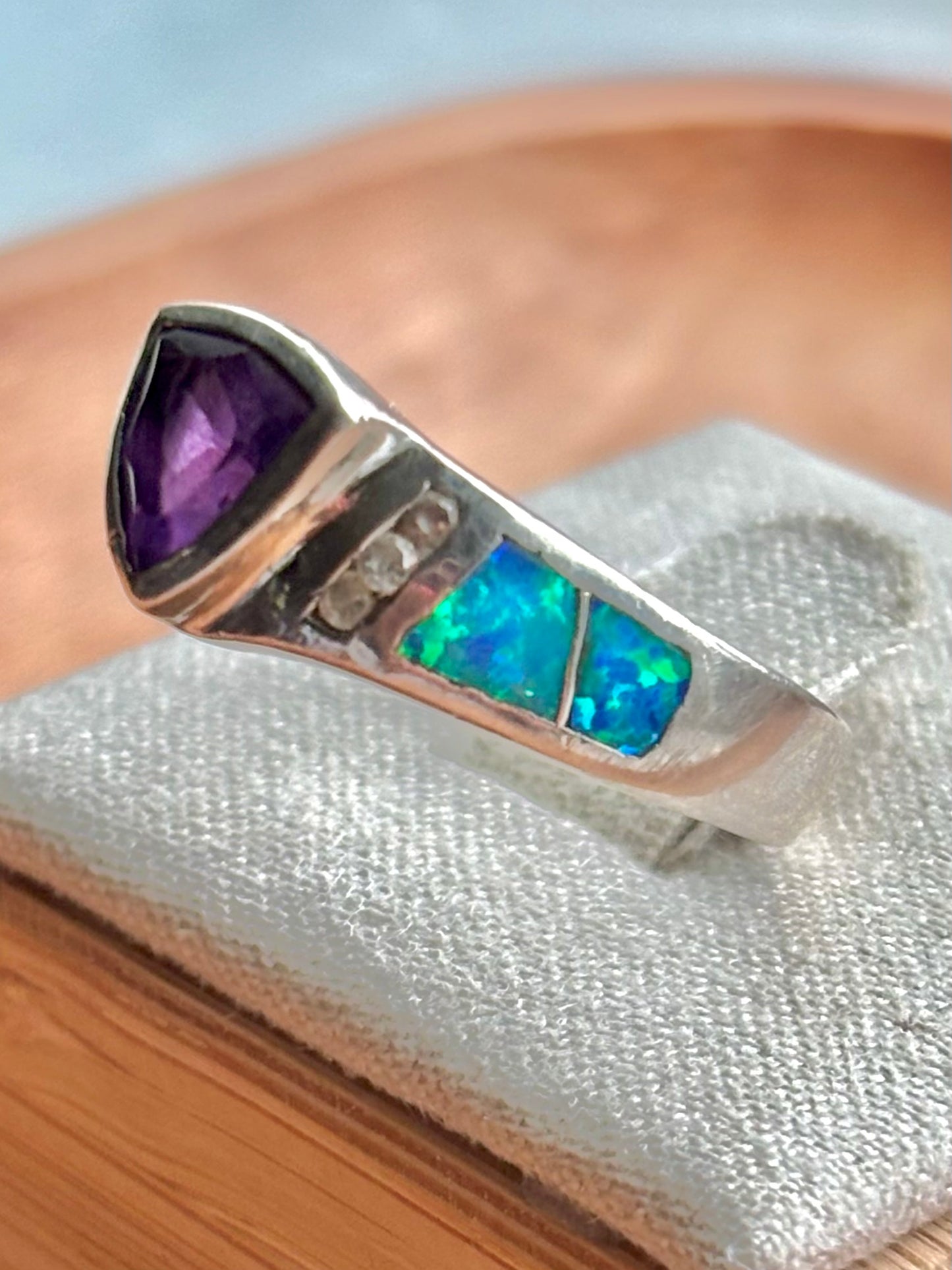 Vintage Atasay Sterling Silver Amethyst & Lab Opal Ring – Size 7