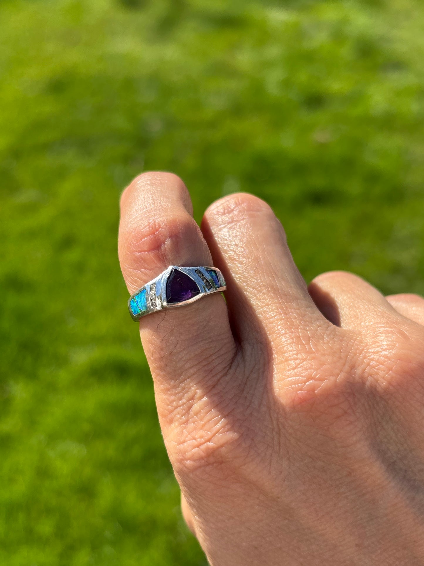 Vintage Atasay Sterling Silver Amethyst & Lab Opal Ring – Size 7
