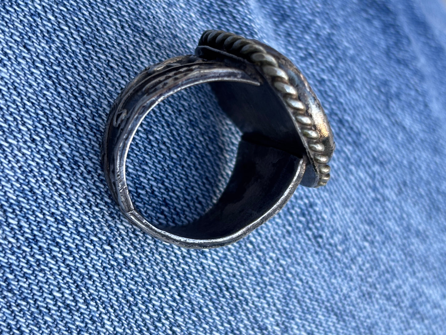 Vintage Native Sterling Silver Turquoise Ring. Handcrafted Navajo Statement Ring.  Size 7½