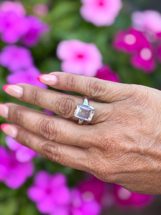 Sterling Silver Amethyst Ring | Emerald Cut Lavender Gemstone | Size 9 Solitaire with Subtle Pink Hue