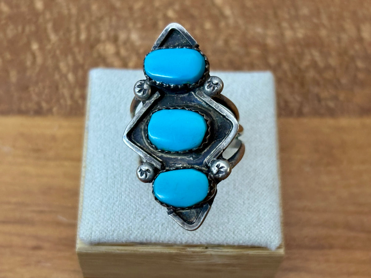 Vintage Sterling Silver Three Stone Turquoise Ring Signed MB. Size 7