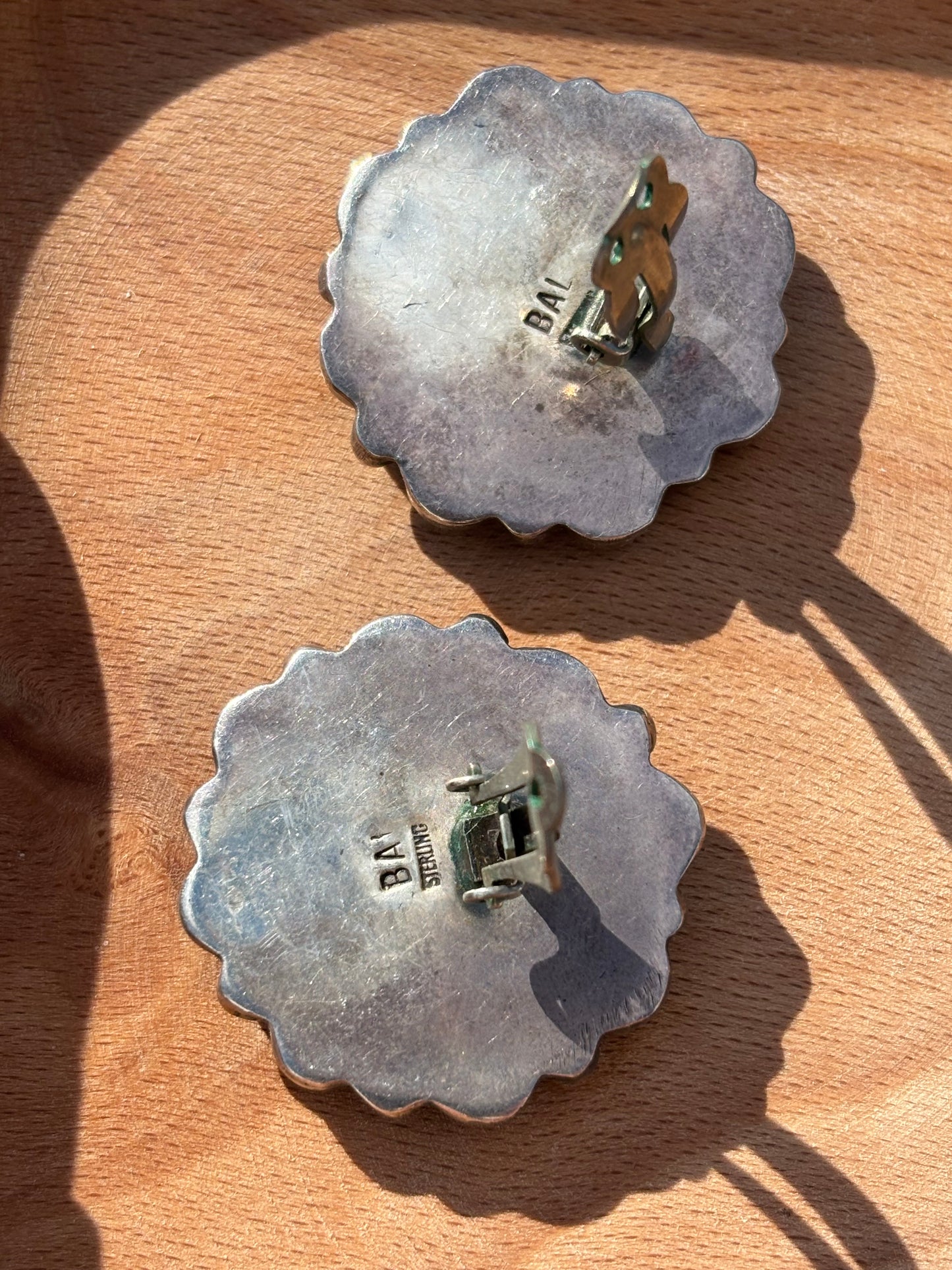 Vintage Sterling Silver Navajo BAL  Turquoise Cluster Clip On Earrings