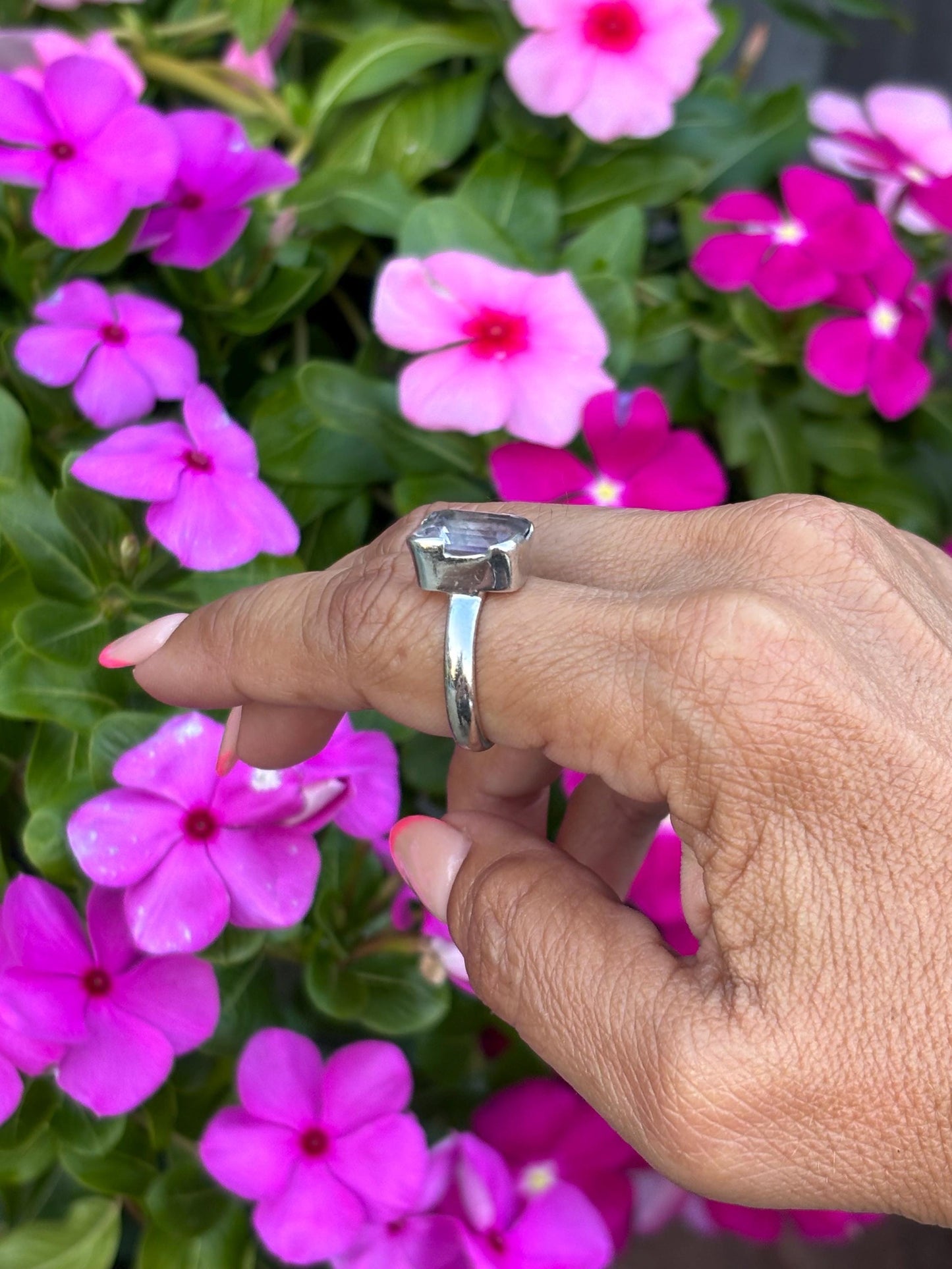Sterling Silver Amethyst Ring | Emerald Cut Lavender Gemstone | Size 9 Solitaire with Subtle Pink Hue