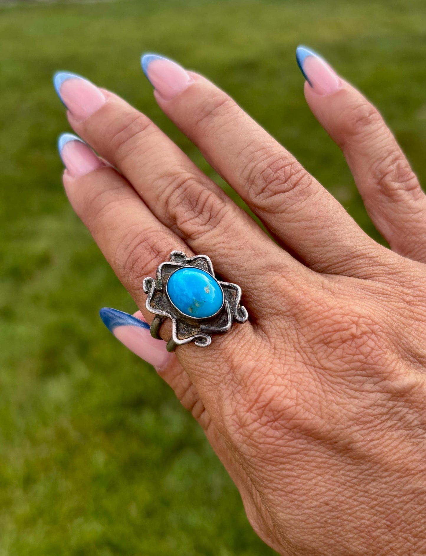 Vintage Sand Cast Navajo Sterling Silver and Turquoise Ring, Size 8