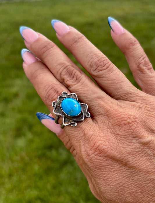 Vintage Sand Cast Navajo Sterling Silver and Turquoise Ring, Size 8