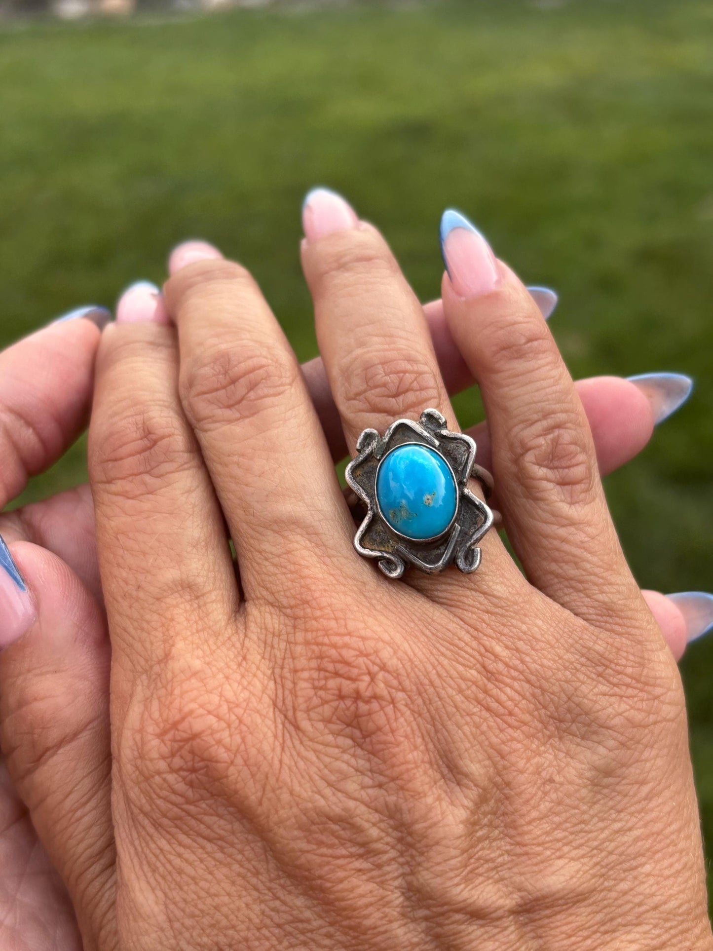 Vintage Sand Cast Navajo Sterling Silver and Turquoise Ring, Size 8