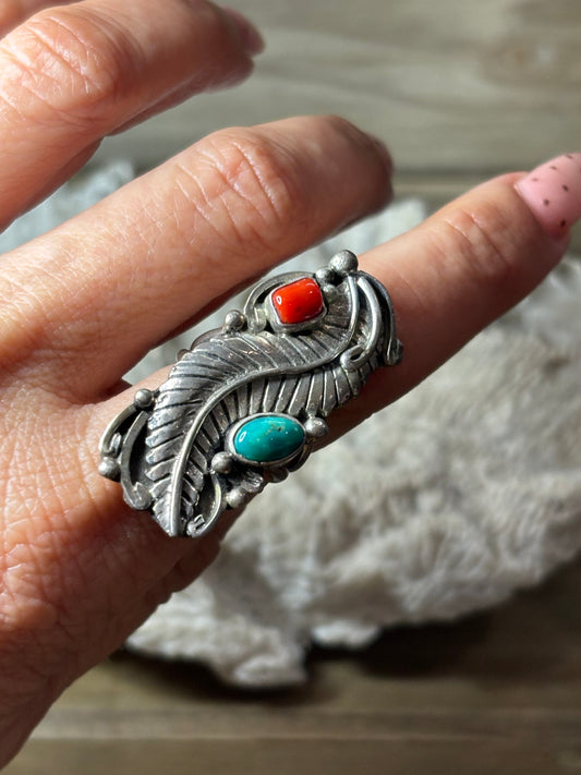 Turquoise & Coral Ring. Size 6.25
