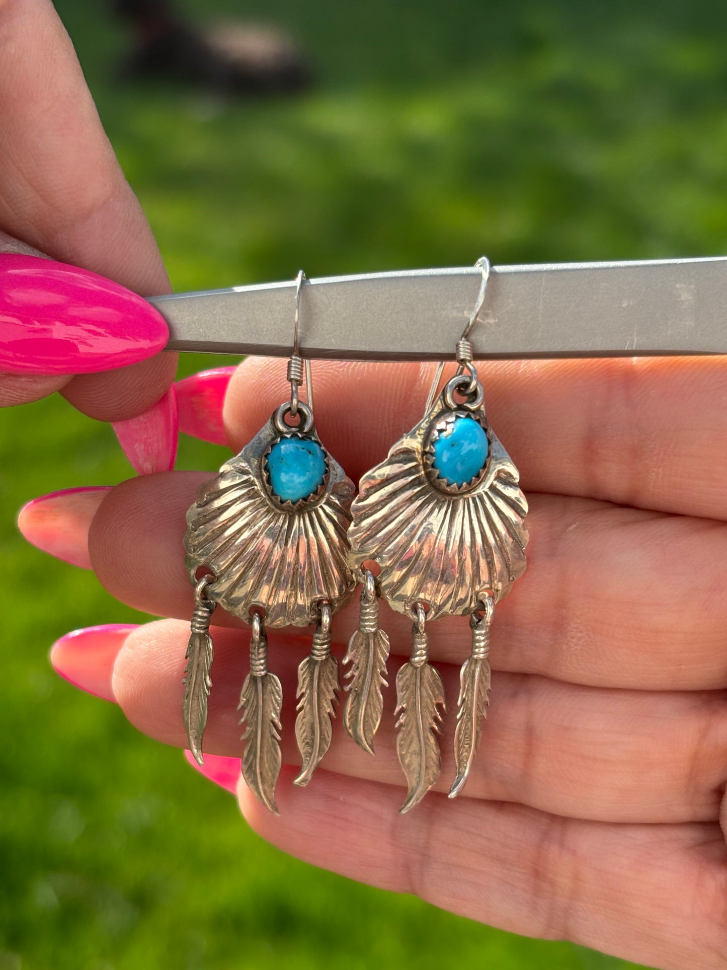 Sterling Silver Turquoise Feather Dangle Earrings