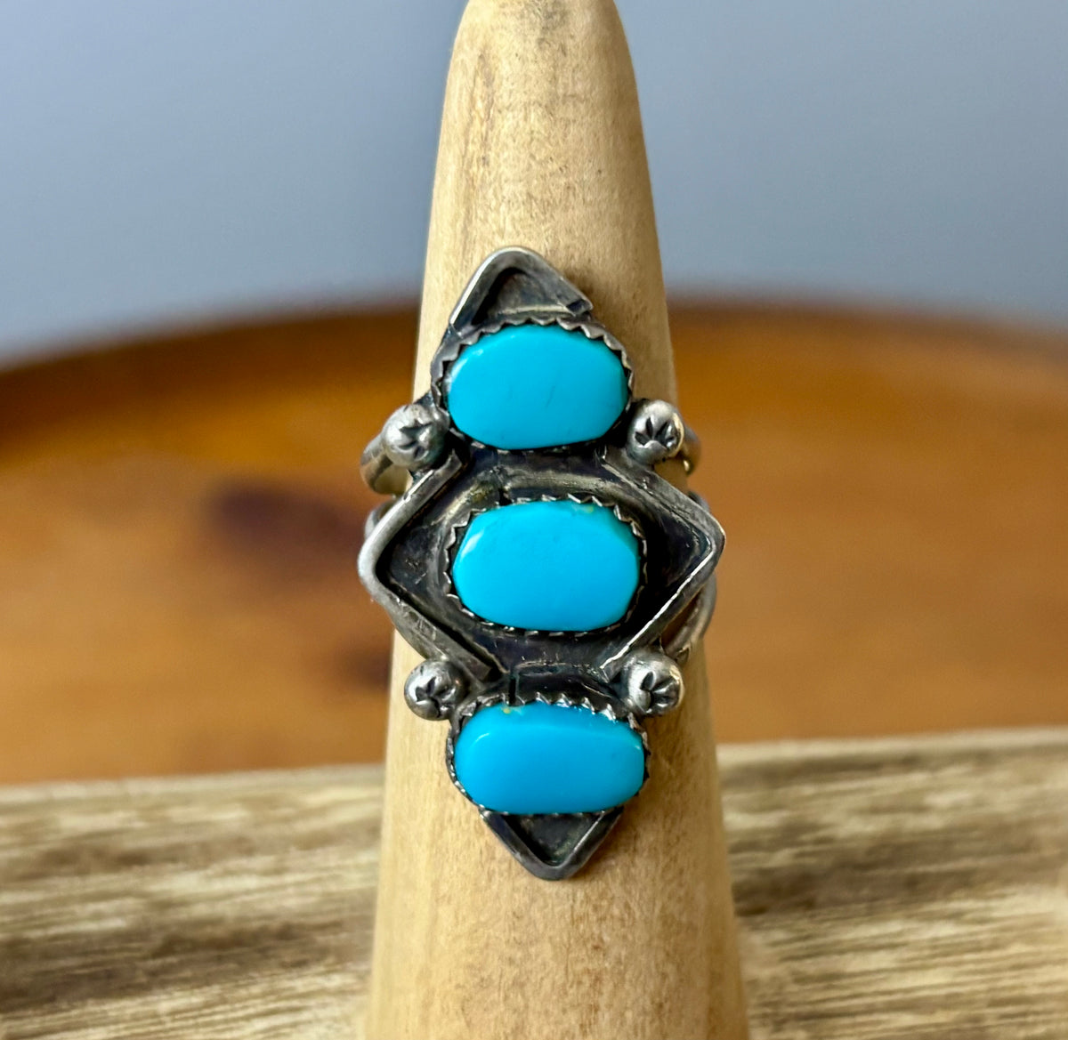 Vintage Sterling Silver Three Stone Turquoise Ring Signed MB. Size 7