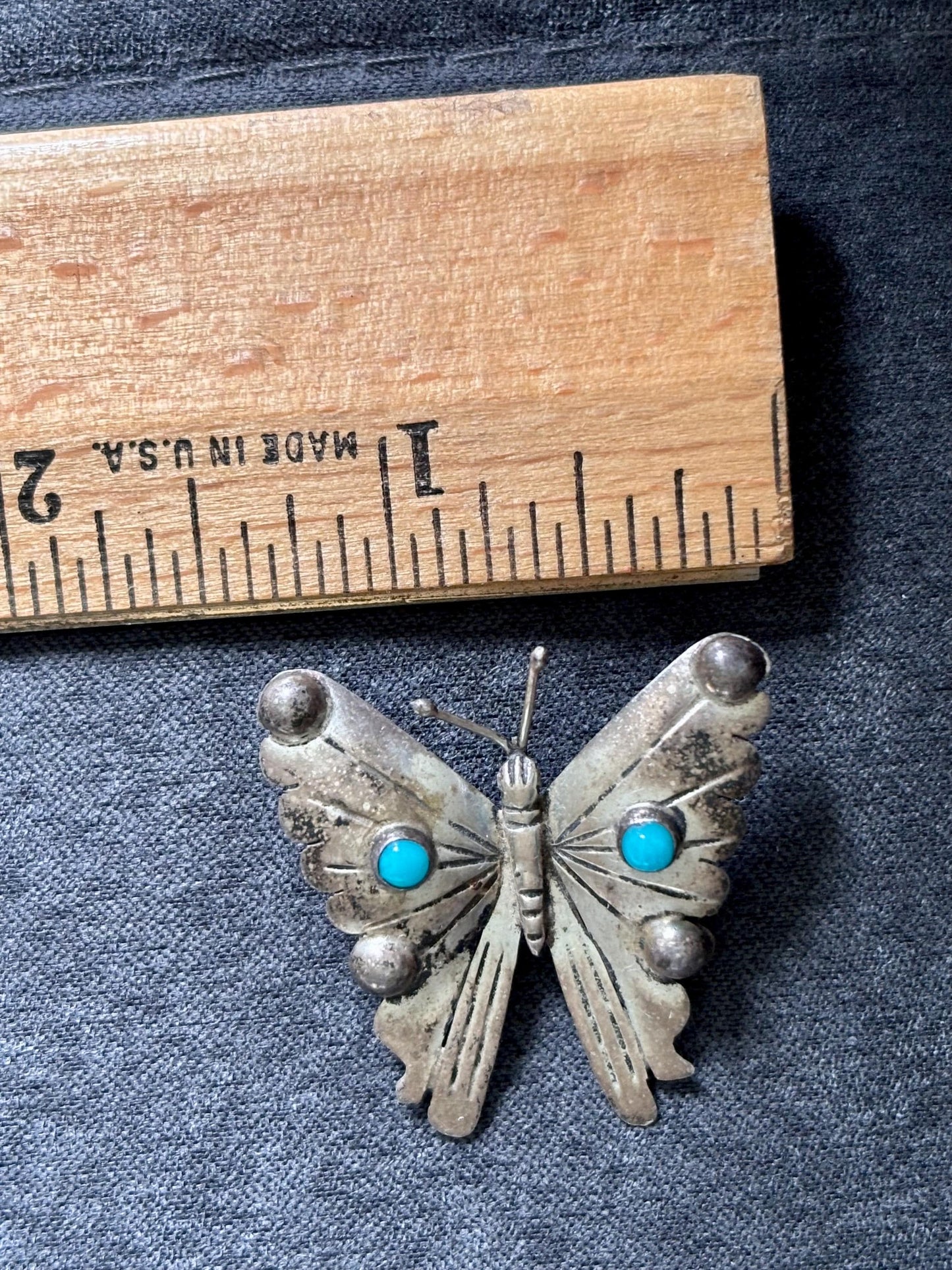 Vintage Mexican Sterling Silver Butterfly Brooch with Turquoise – Stamped FM, 1950s