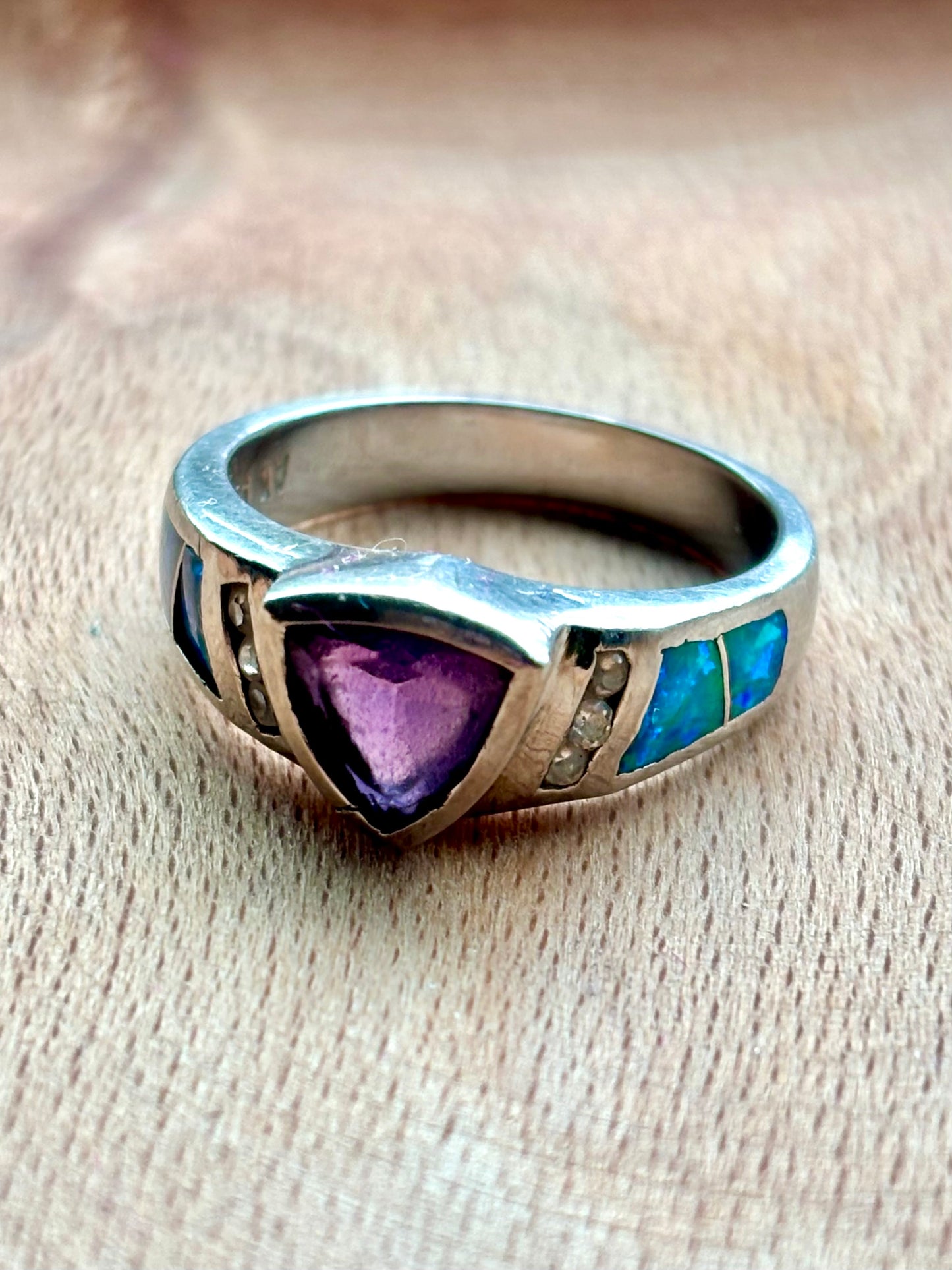Vintage Atasay Sterling Silver Amethyst & Lab Opal Ring – Size 7
