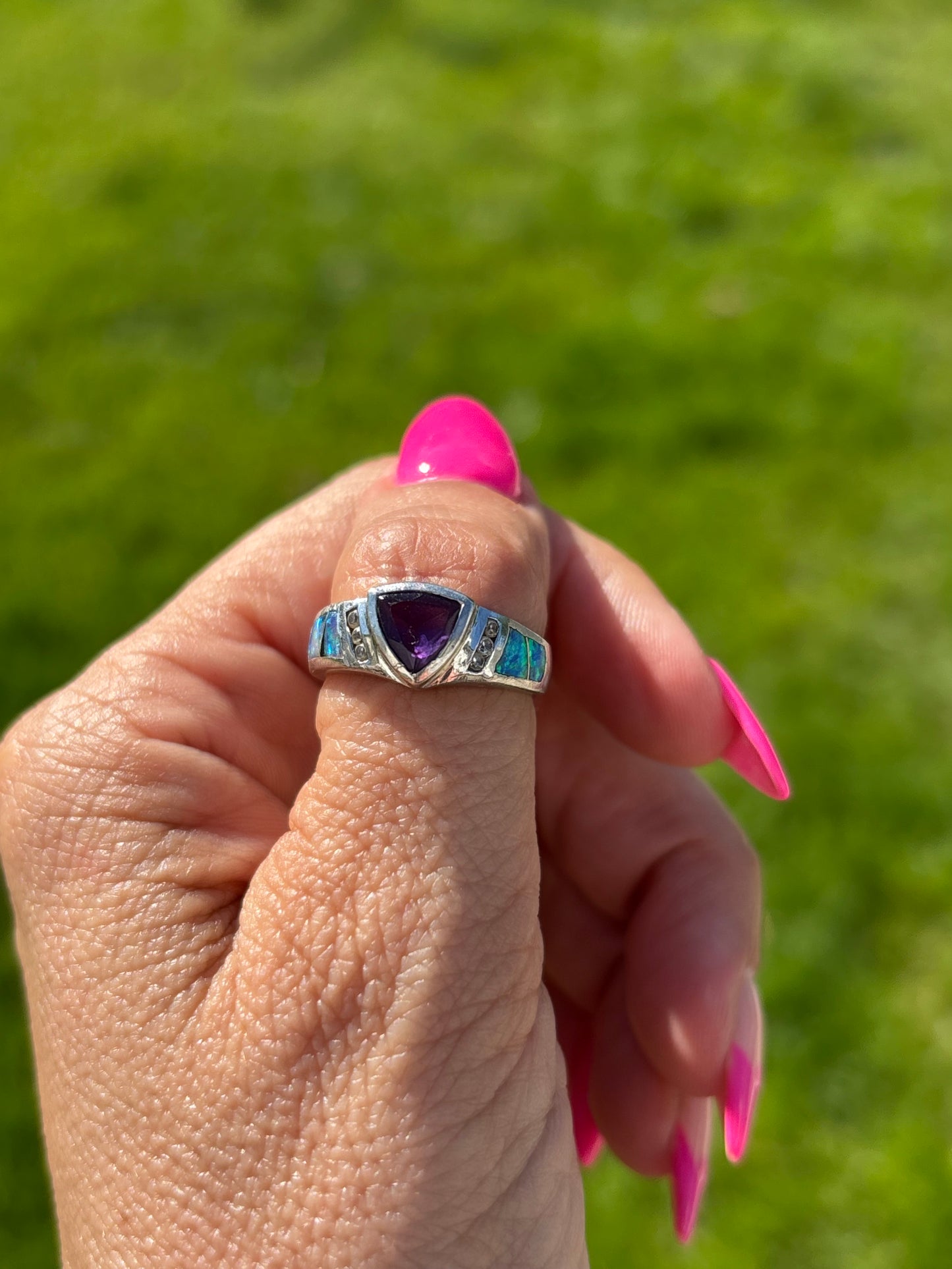 Vintage Atasay Sterling Silver Amethyst & Lab Opal Ring – Size 7