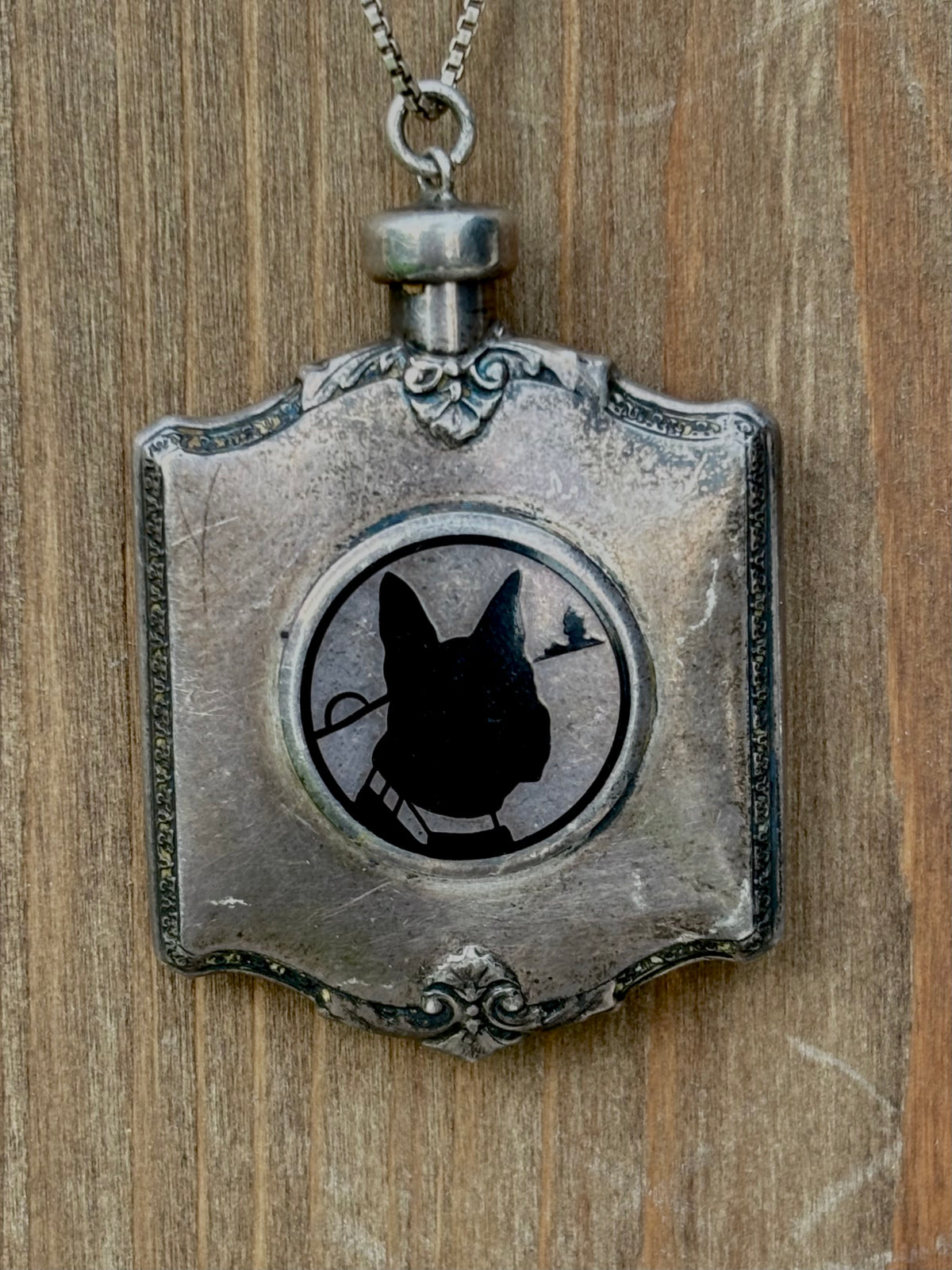 Vintage Sterling Silver Perfume Bottle Pendant with Dog Silhouette