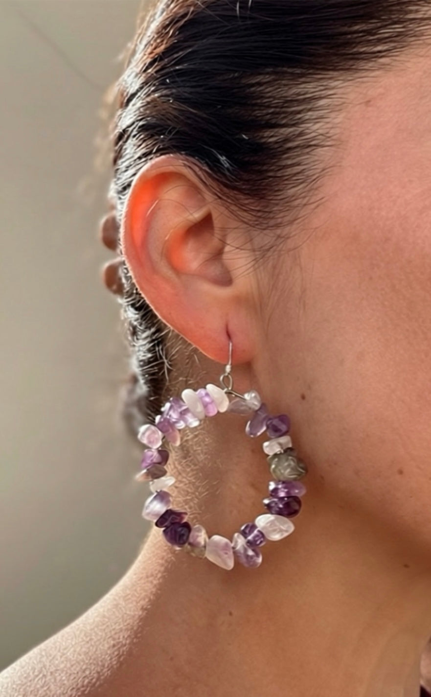 Handmade Amethyst Hoop Earrings. Sterling Silver Hooks. February Birthstone Earrings