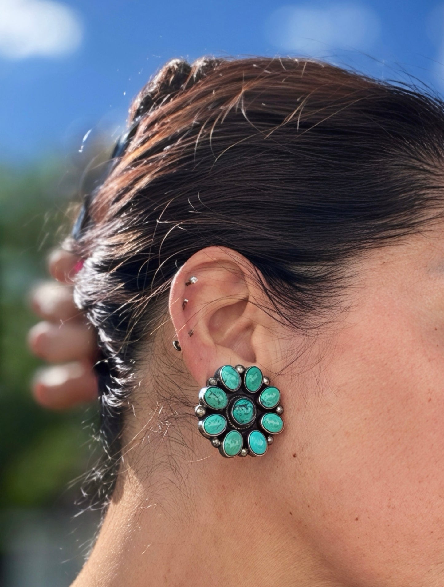 Vintage Sterling Silver Navajo BAL  Turquoise Cluster Clip On Earrings