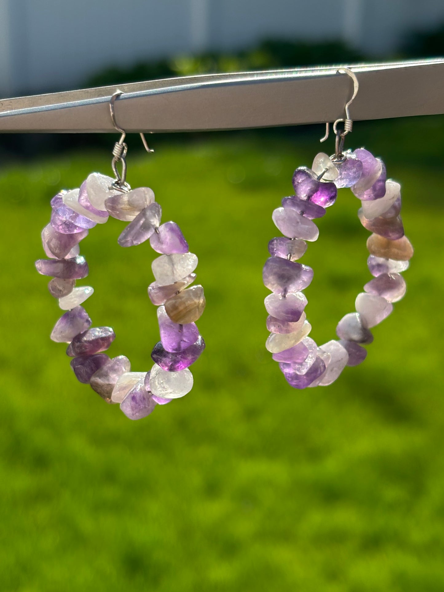 Handmade Amethyst Hoop Earrings. Sterling Silver Hooks. February Birthstone Earrings