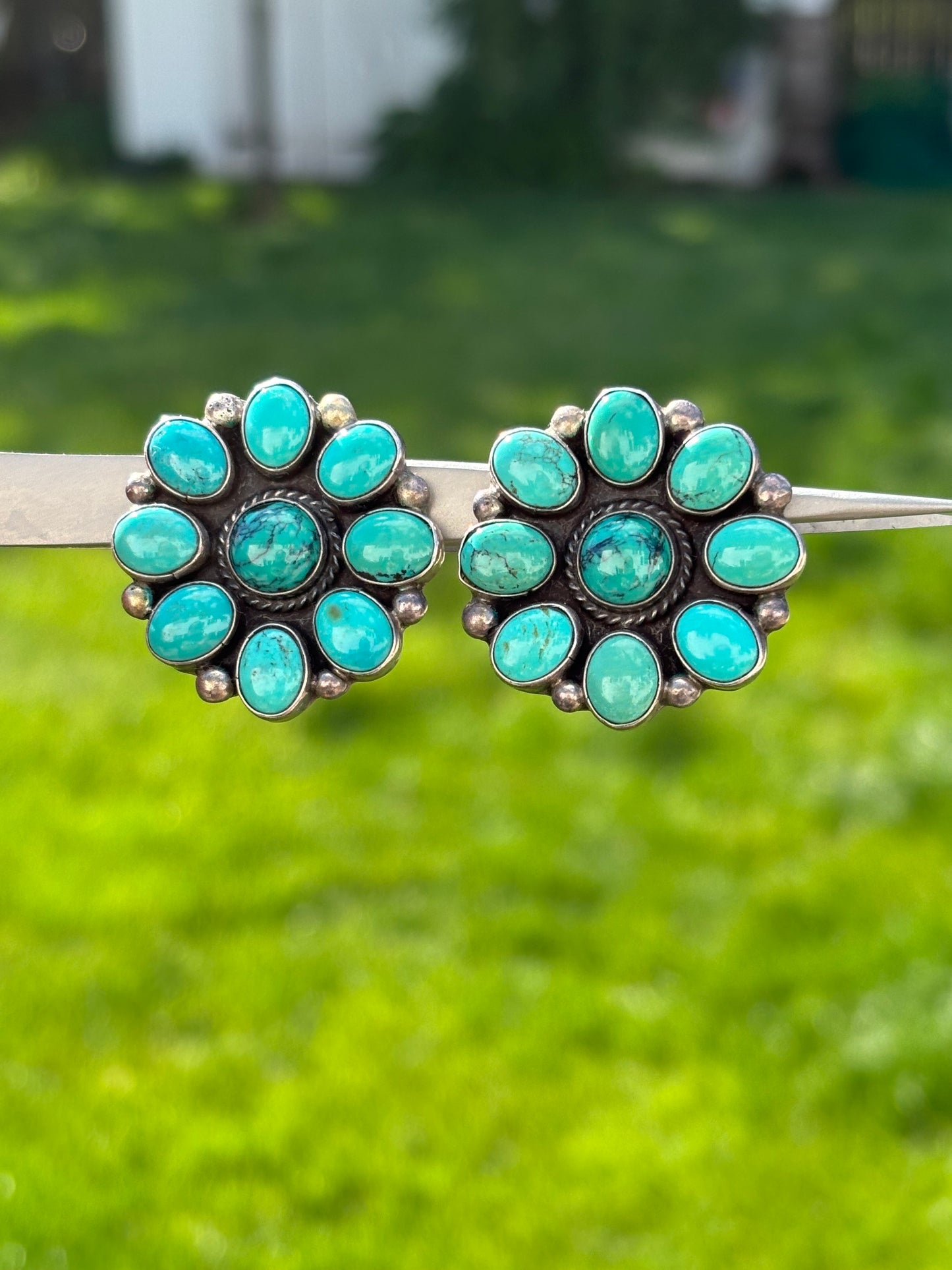 Vintage Sterling Silver Navajo BAL  Turquoise Cluster Clip On Earrings