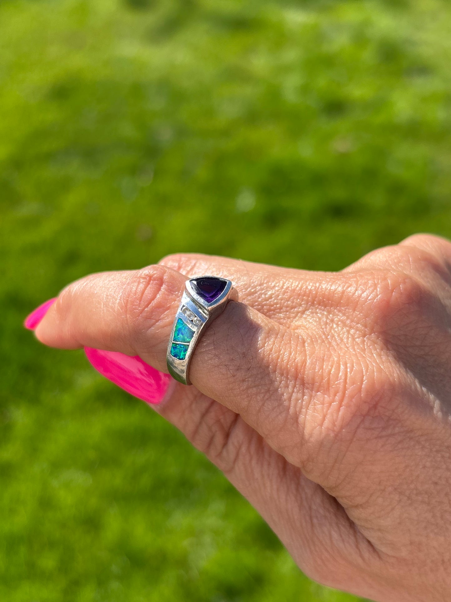 Vintage Atasay Sterling Silver Amethyst & Lab Opal Ring – Size 7