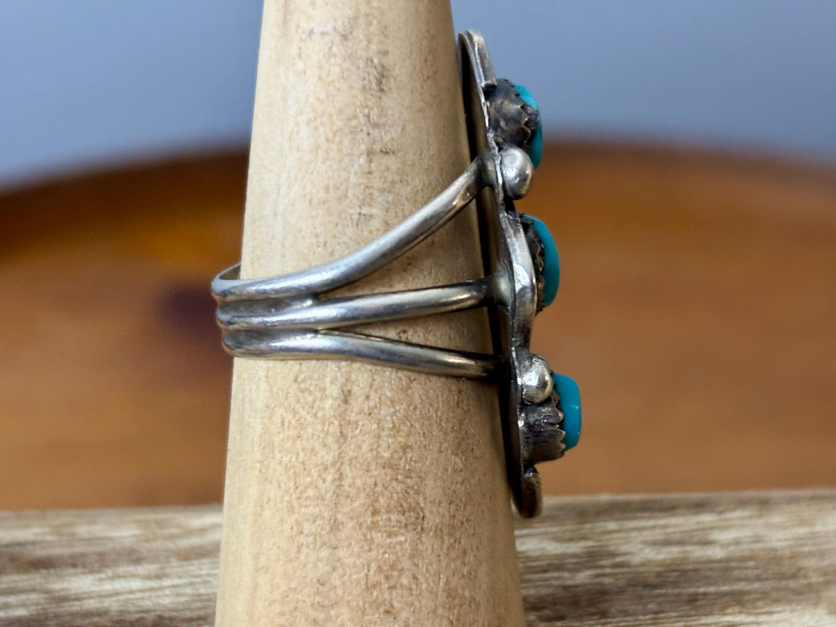 Vintage Sterling Silver Three Stone Turquoise Ring Signed MB. Size 7