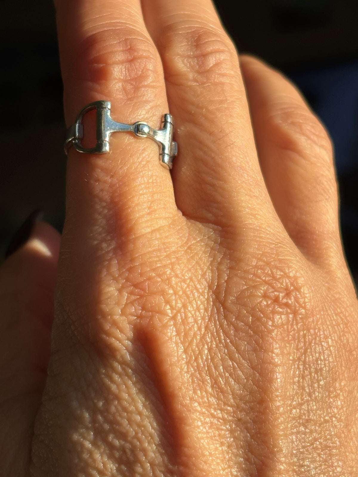 A sterling silver horsebit ring worn on a person's finger, shown in warm, direct sunlight against a dark, blurred background.