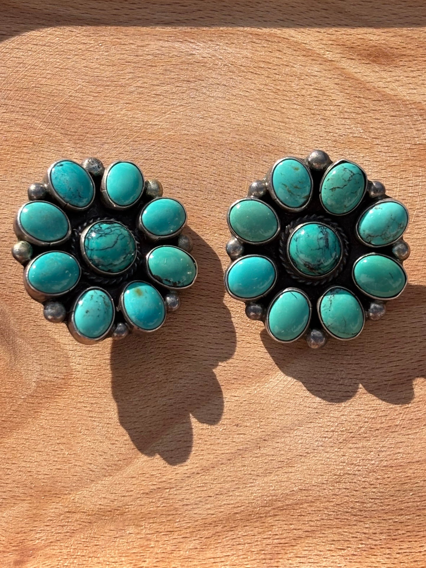 Vintage Sterling Silver Navajo BAL  Turquoise Cluster Clip On Earrings