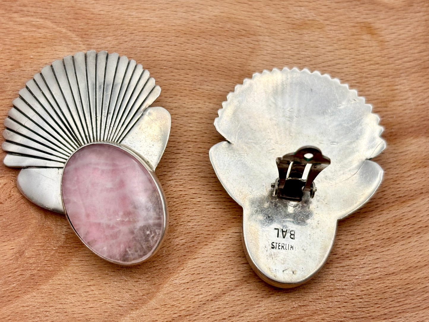 Vintage BAL Sterling Rose Quartz Clip On Earrings