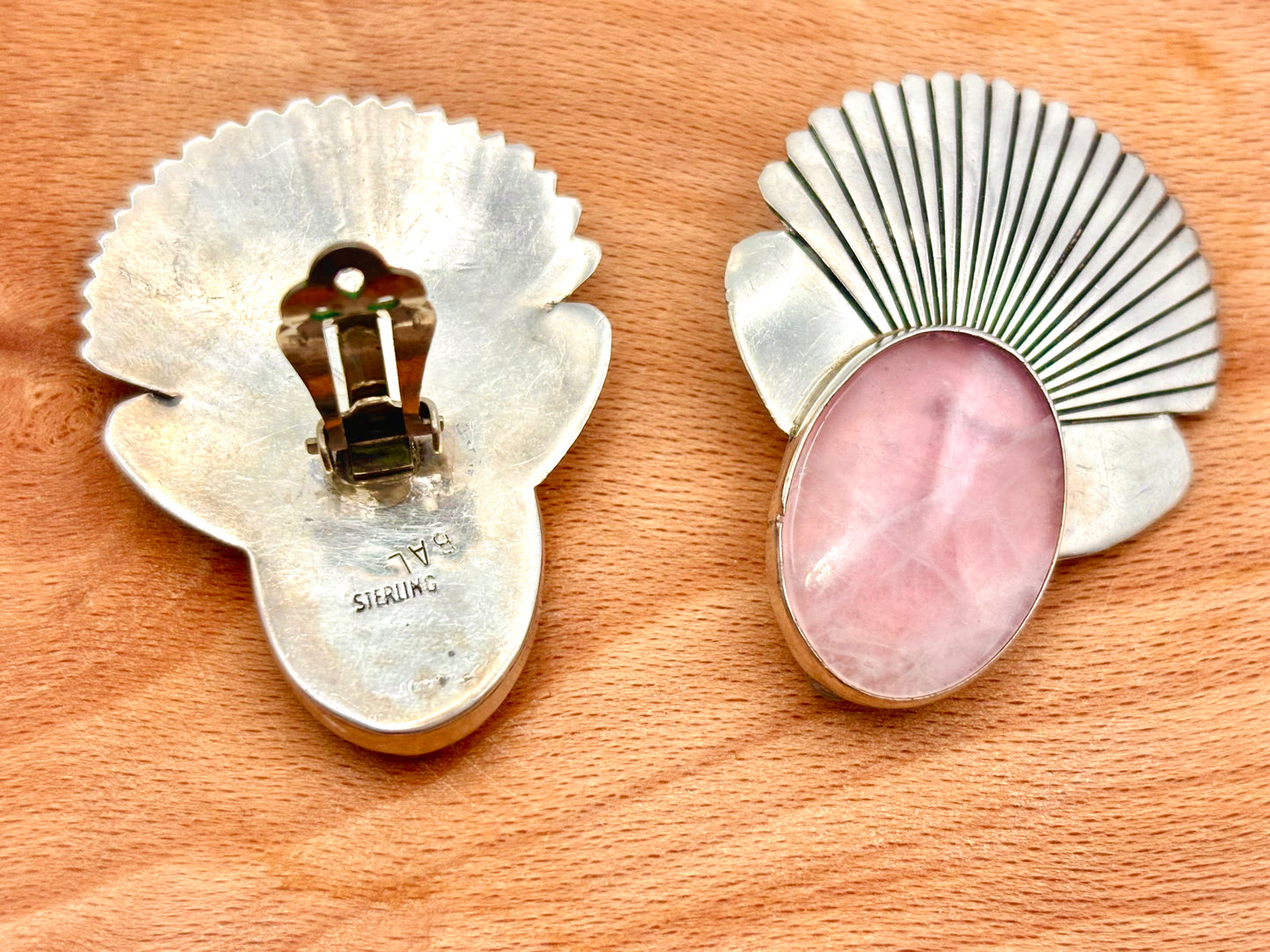 Vintage BAL Sterling Rose Quartz Clip On Earrings