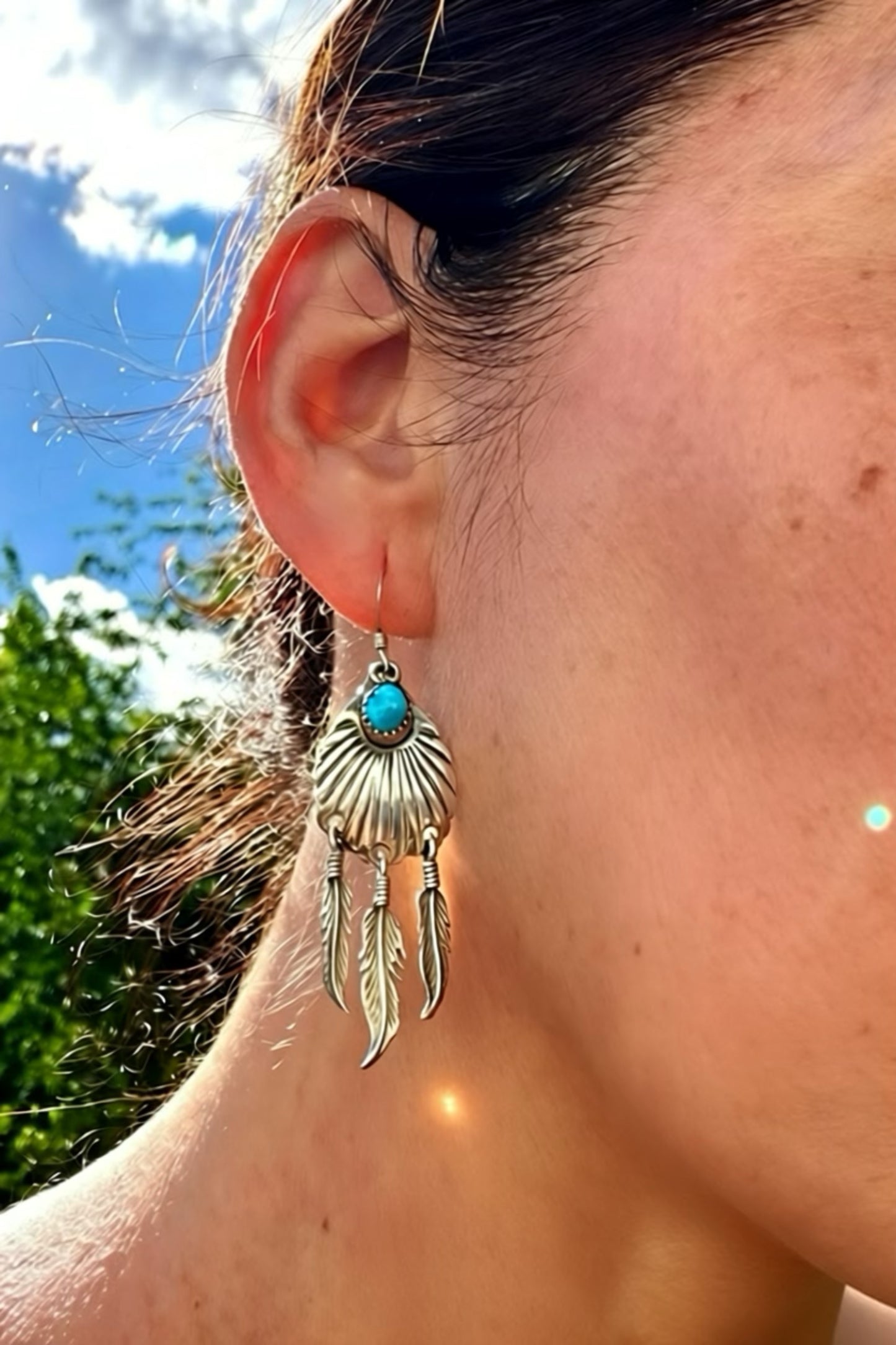 Sterling Silver Turquoise Feather Dangle Earrings