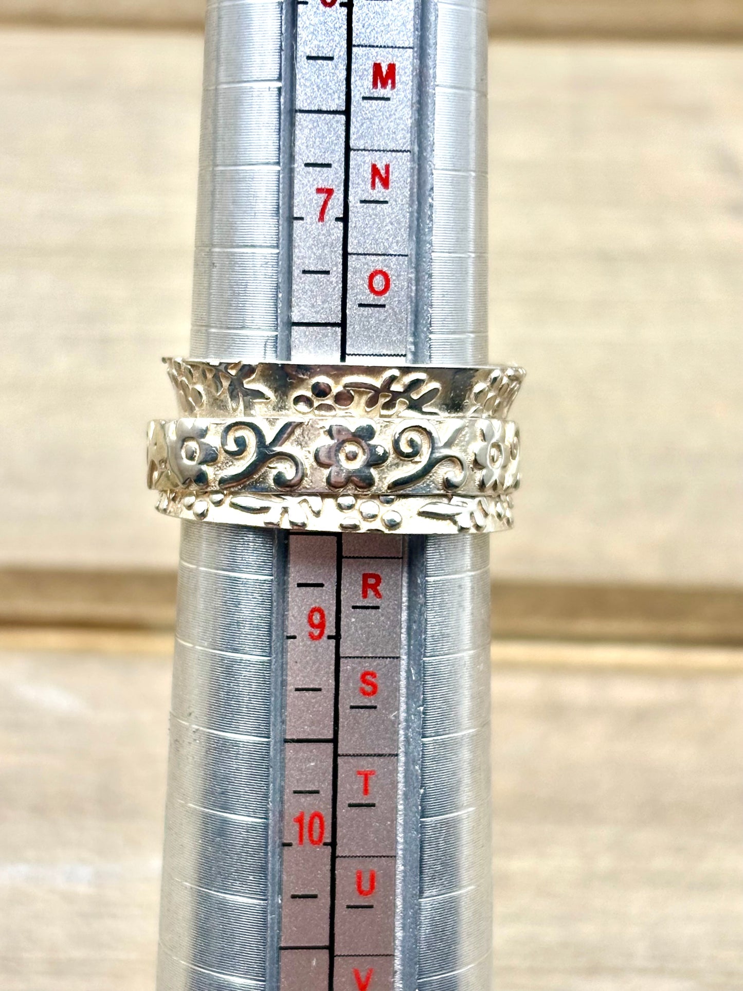 Shows the ring on a mandrel at size 8 1/2
