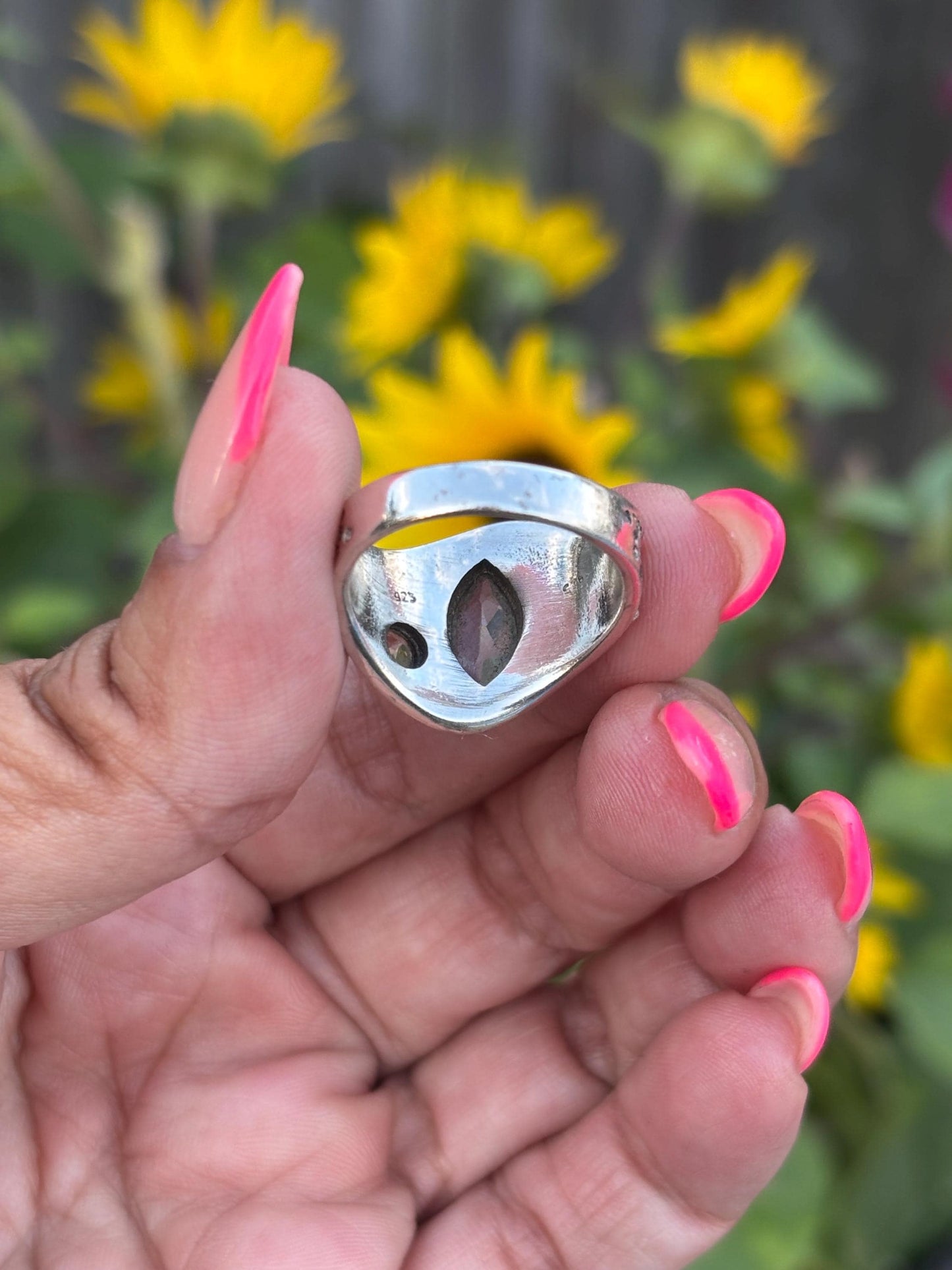 Sterling Silver Ring with Faceted Blue & Citrine Gemstones – Bold Boho Statementy  | Size 8