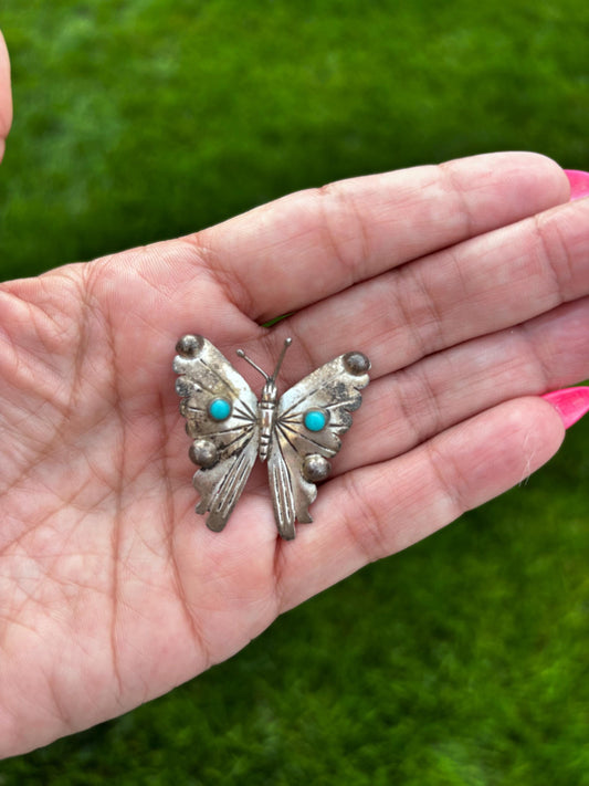 Vintage Mexican Sterling Silver Butterfly Brooch with Turquoise – Stamped FM, 1950s