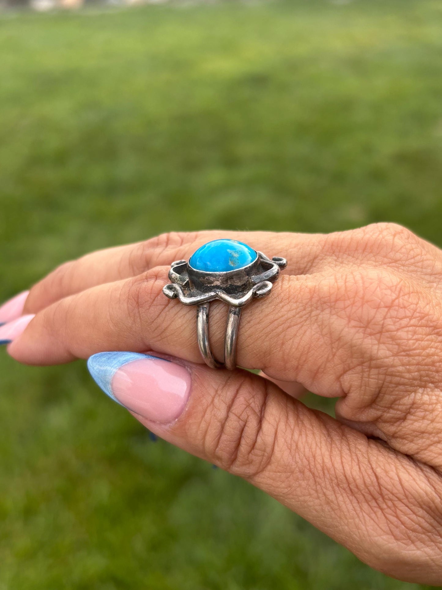 Vintage Sand Cast Navajo Sterling Silver and Turquoise Ring, Size 8