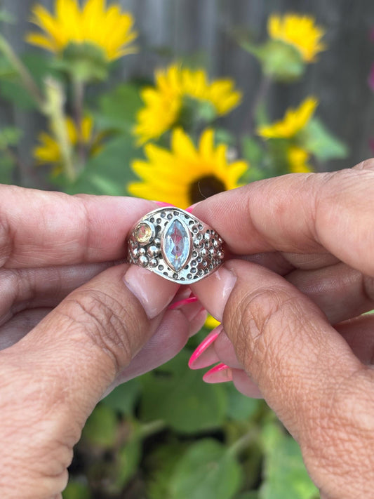 Sterling Silver Ring with Faceted Blue & Citrine Gemstones – Bold Boho Statementy  | Size 8
