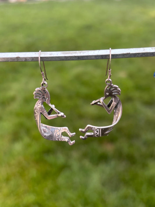 Sterling Silver Vintage Southwestern Native American Style Dangle Kokopelli Earrings