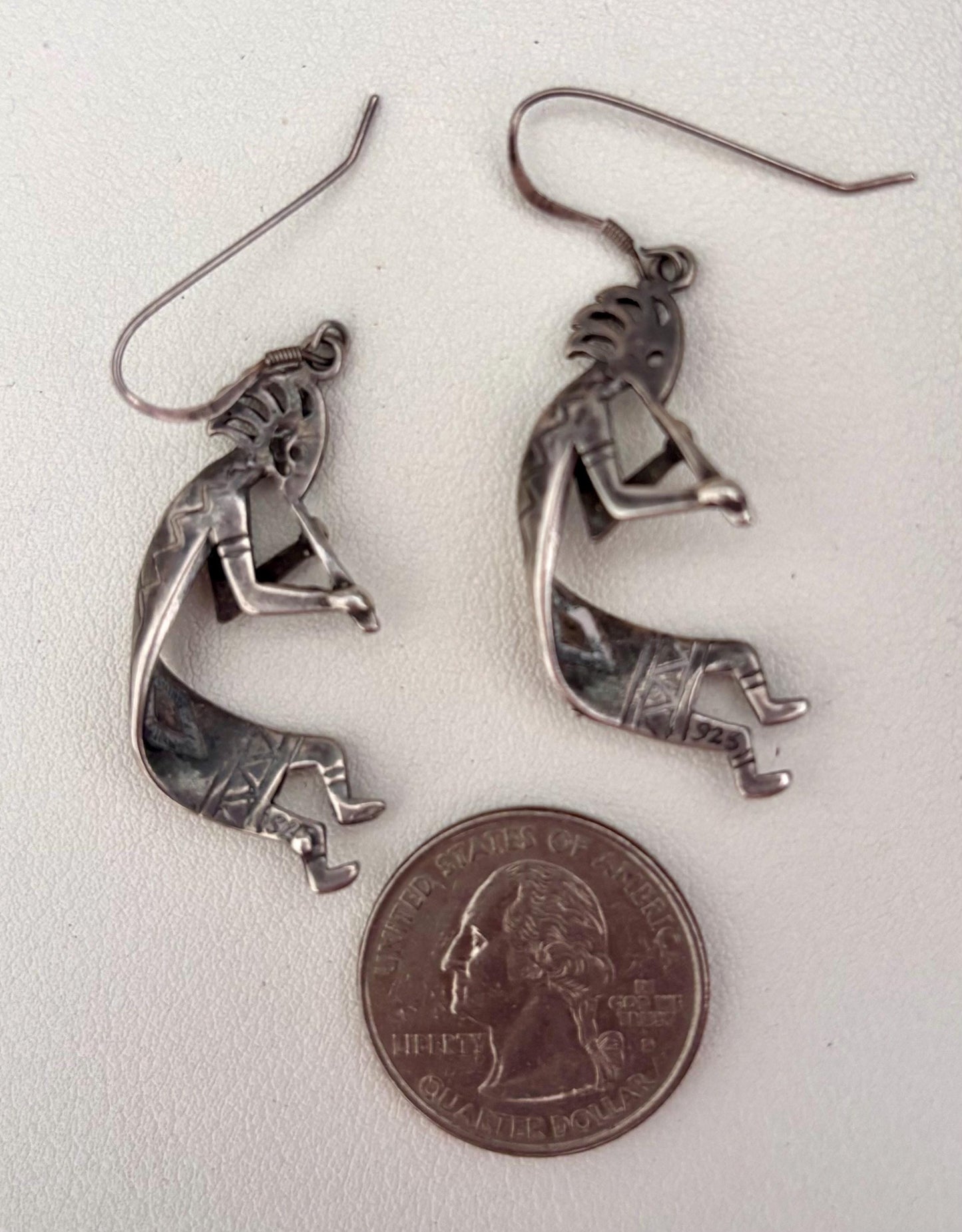 Sterling Silver Vintage Southwestern Native American Style Dangle Kokopelli Earrings