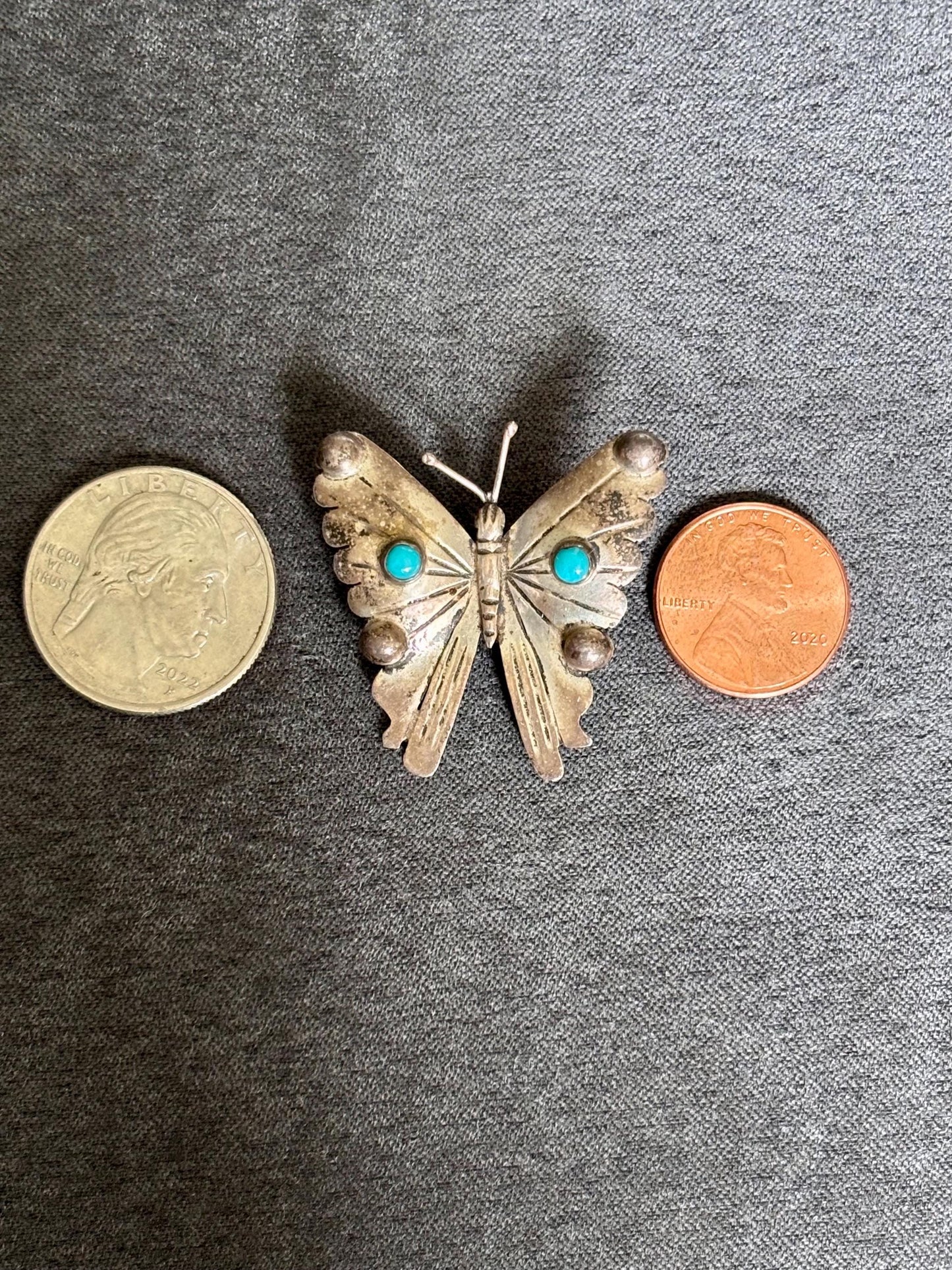 Vintage Mexican Sterling Silver Butterfly Brooch with Turquoise – Stamped FM, 1950s