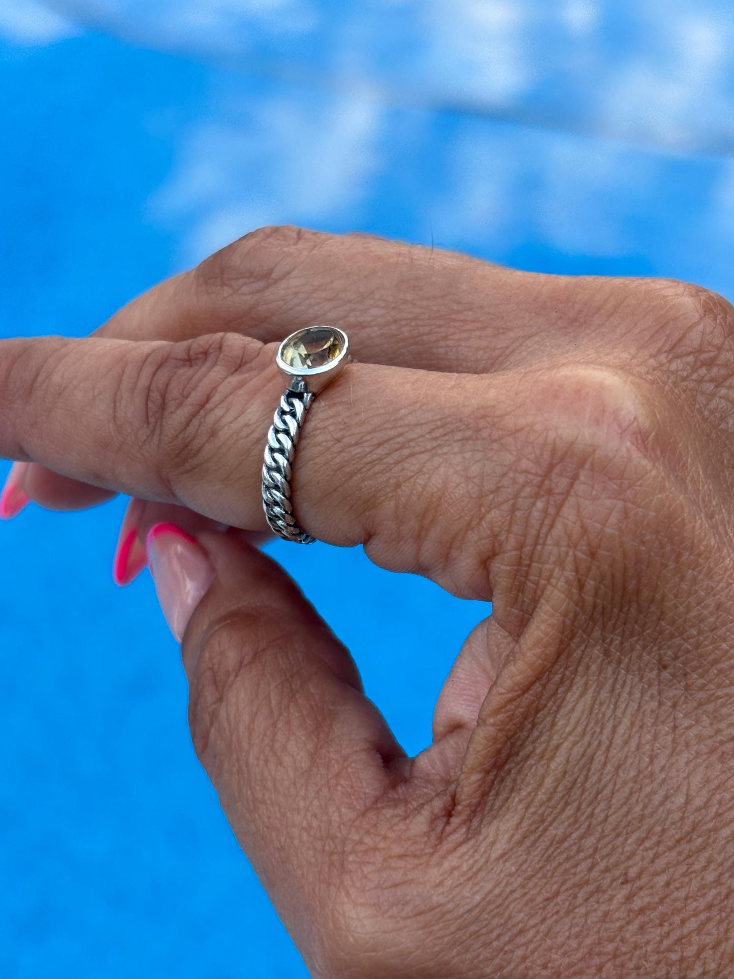 Sterling Silver Citrine Ring - Rope Band Design - November Birthstone Jewelry  | Size 7 1/4
