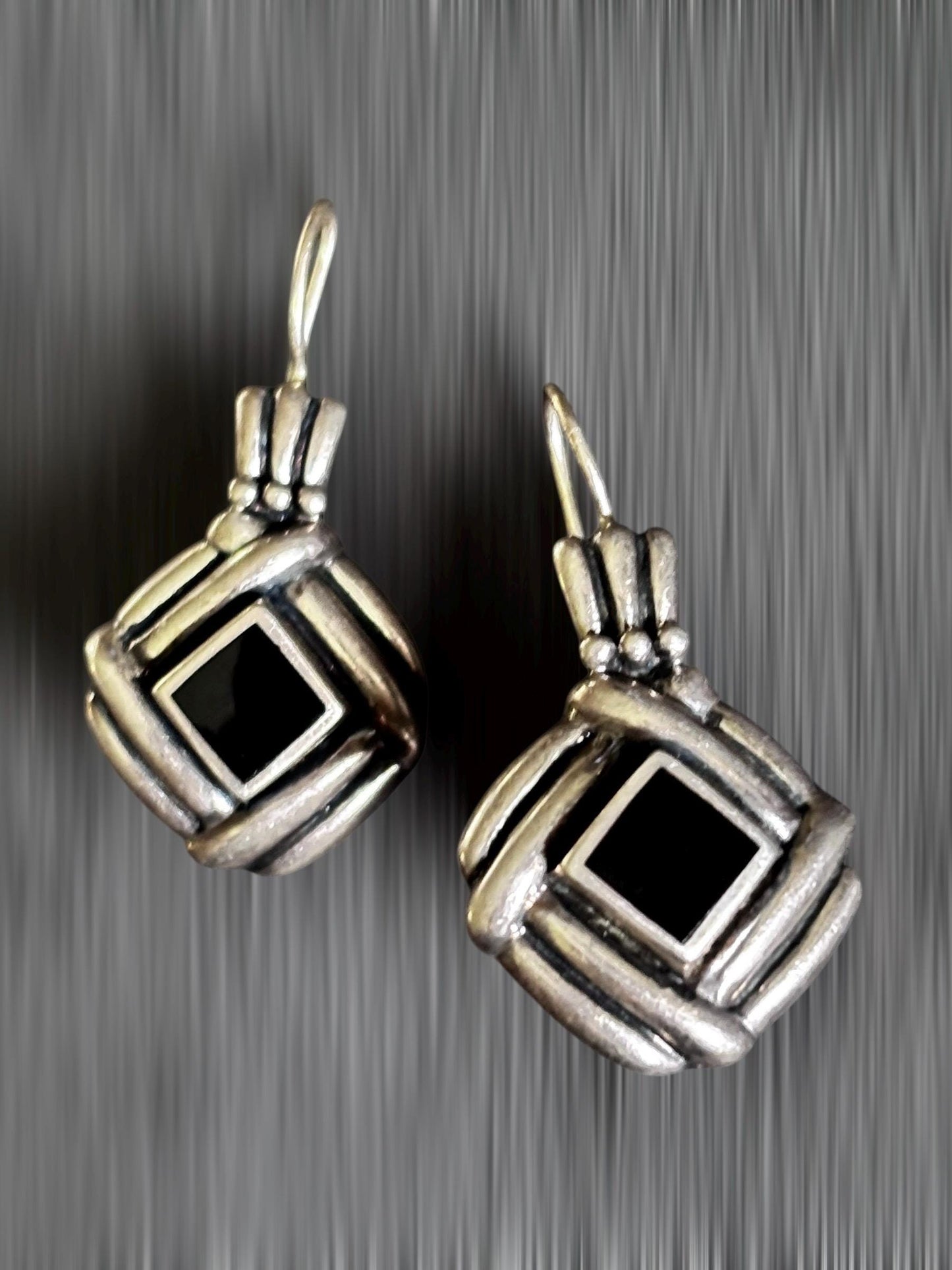 Vintage Sterling Silver & Black Onyx Dangle Earrings – Bold Geometric Design
