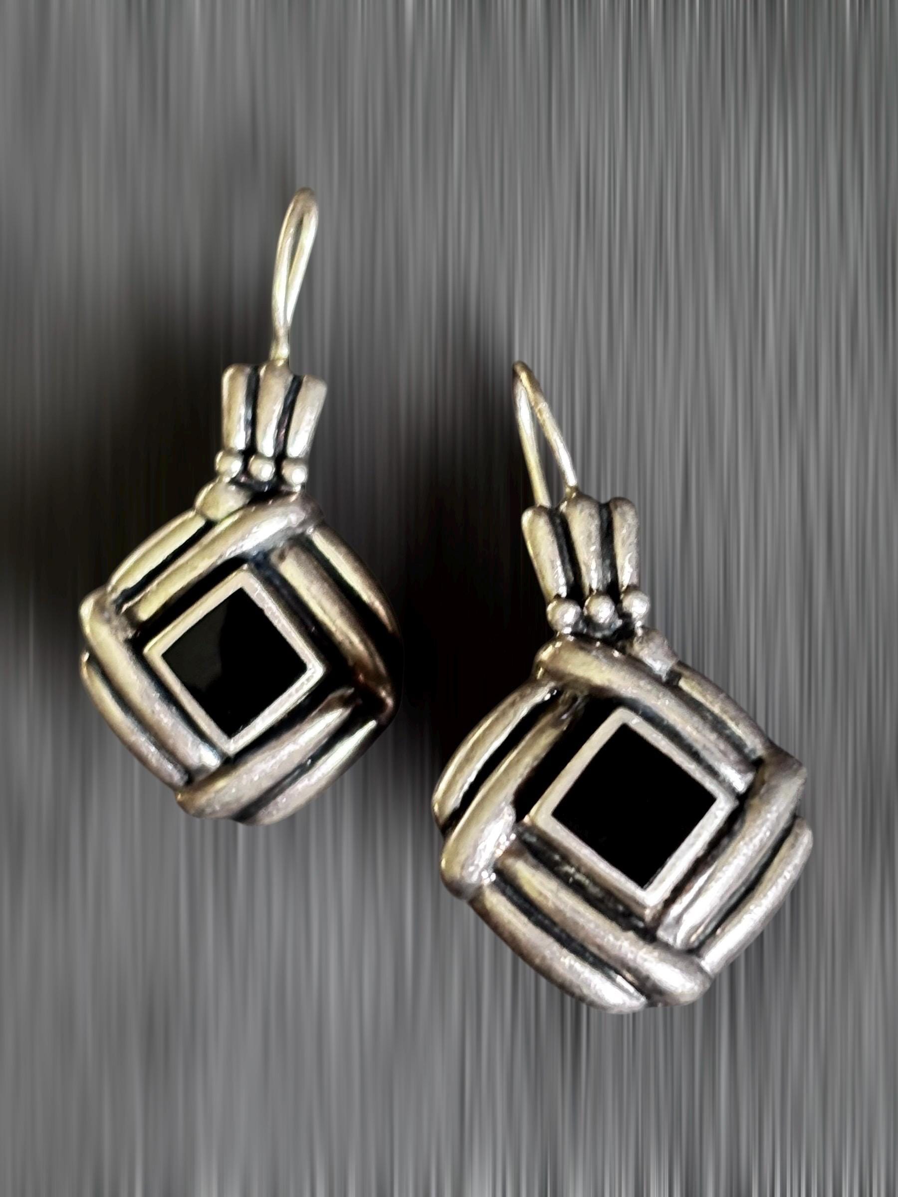 Vintage Sterling Silver & Black Onyx Dangle Earrings – Bold Geometric Design