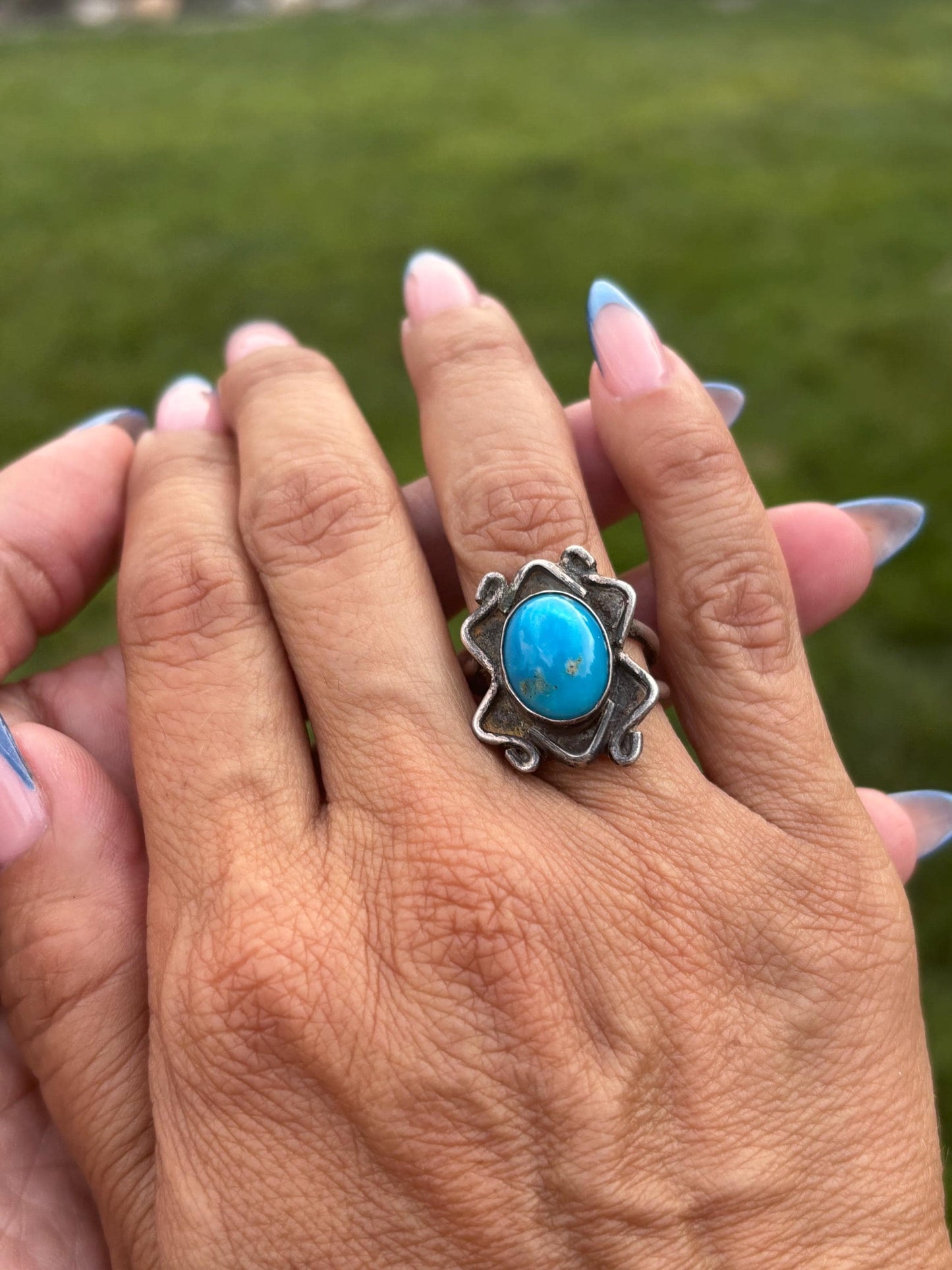 Vintage Sand Cast Navajo Sterling Silver and Turquoise Ring, Size 8