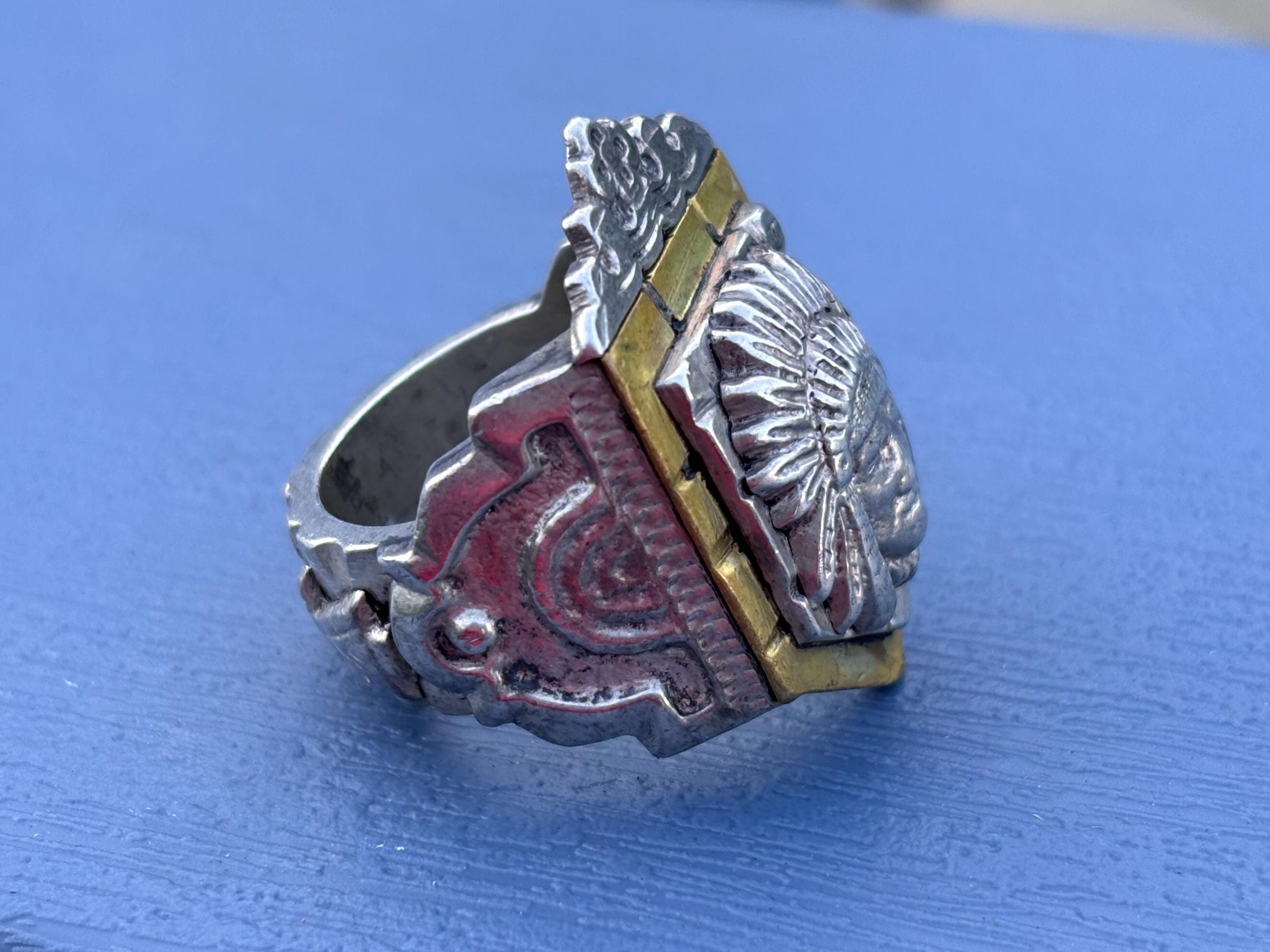 Vintage Mexican Biker Ring. Crowned Aztec Chief Ring, c. 1940s, size 9.75