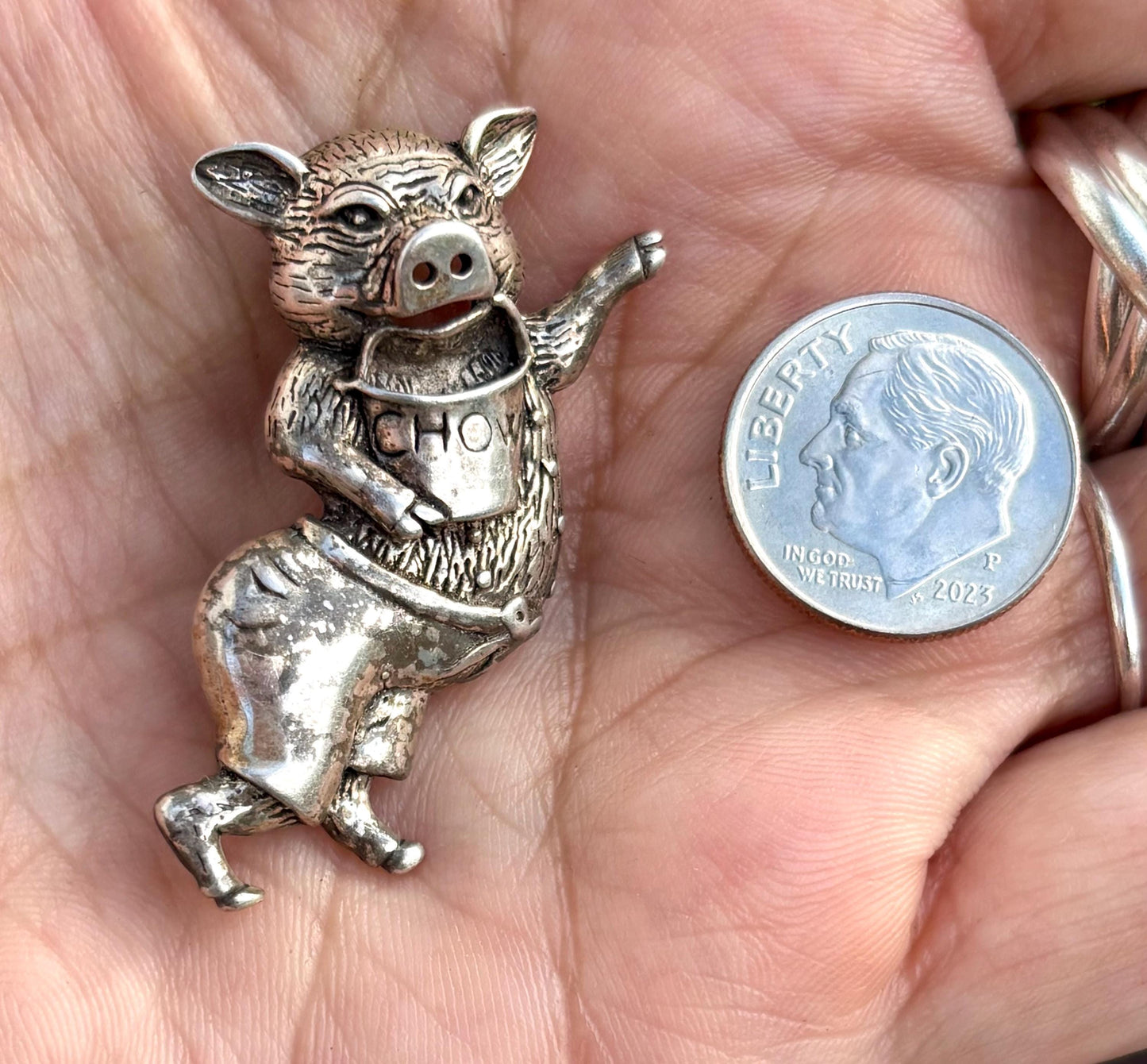 Vintage Jezlaine Sterling Silver Dancing Pig Brooch | “Chow” Bib | Collectible Figural Jewelry