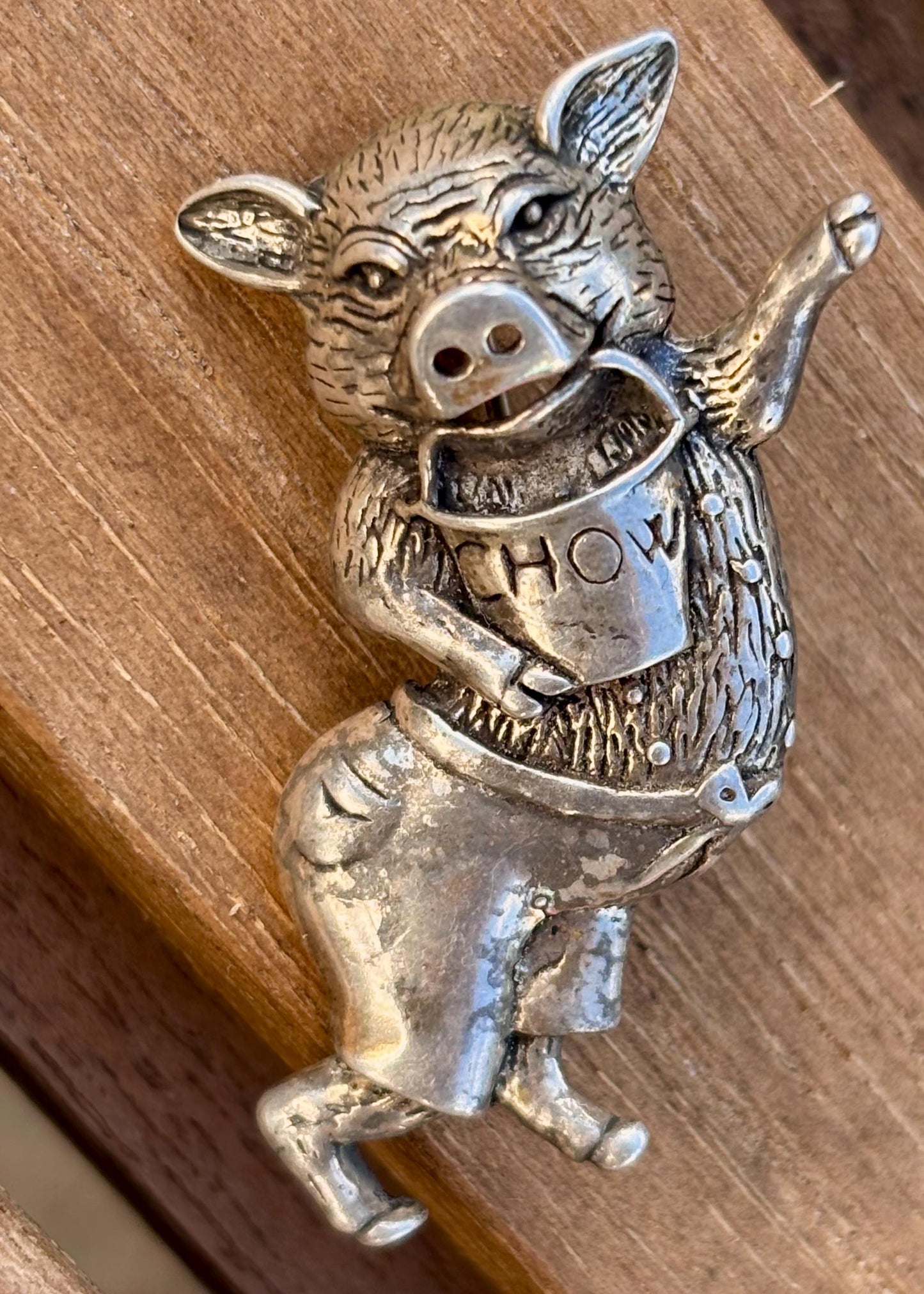 Vintage Jezlaine Sterling Silver Dancing Pig Brooch | “Chow” Bib | Collectible Figural Jewelry