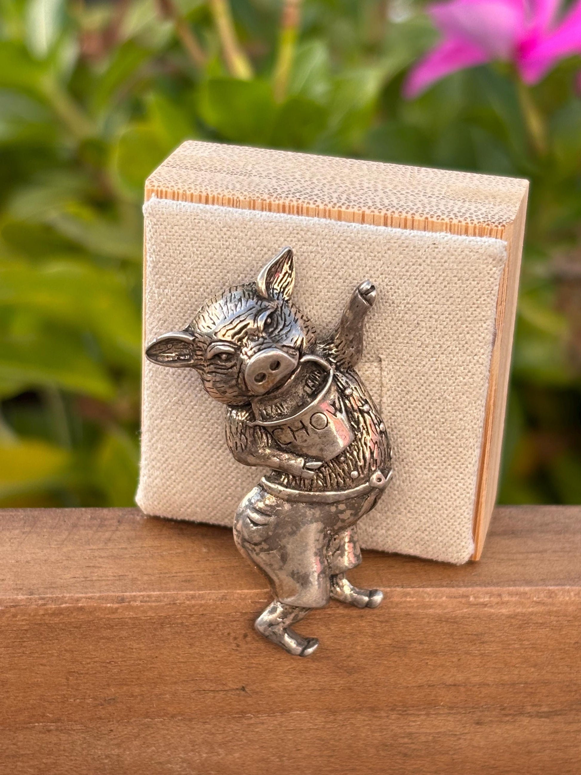 Vintage Jezlaine Sterling Silver Dancing Pig Brooch | “Chow” Bib | Collectible Figural Jewelry
